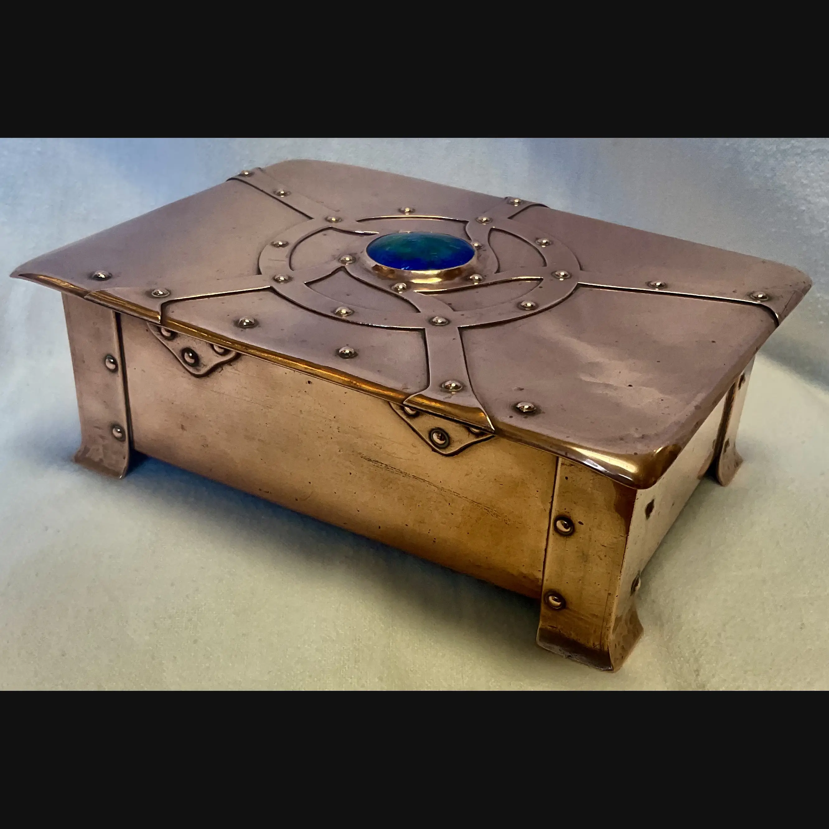 fw  a e jones arts and crafts copper and enamelled strap top box designed by annie stubbs