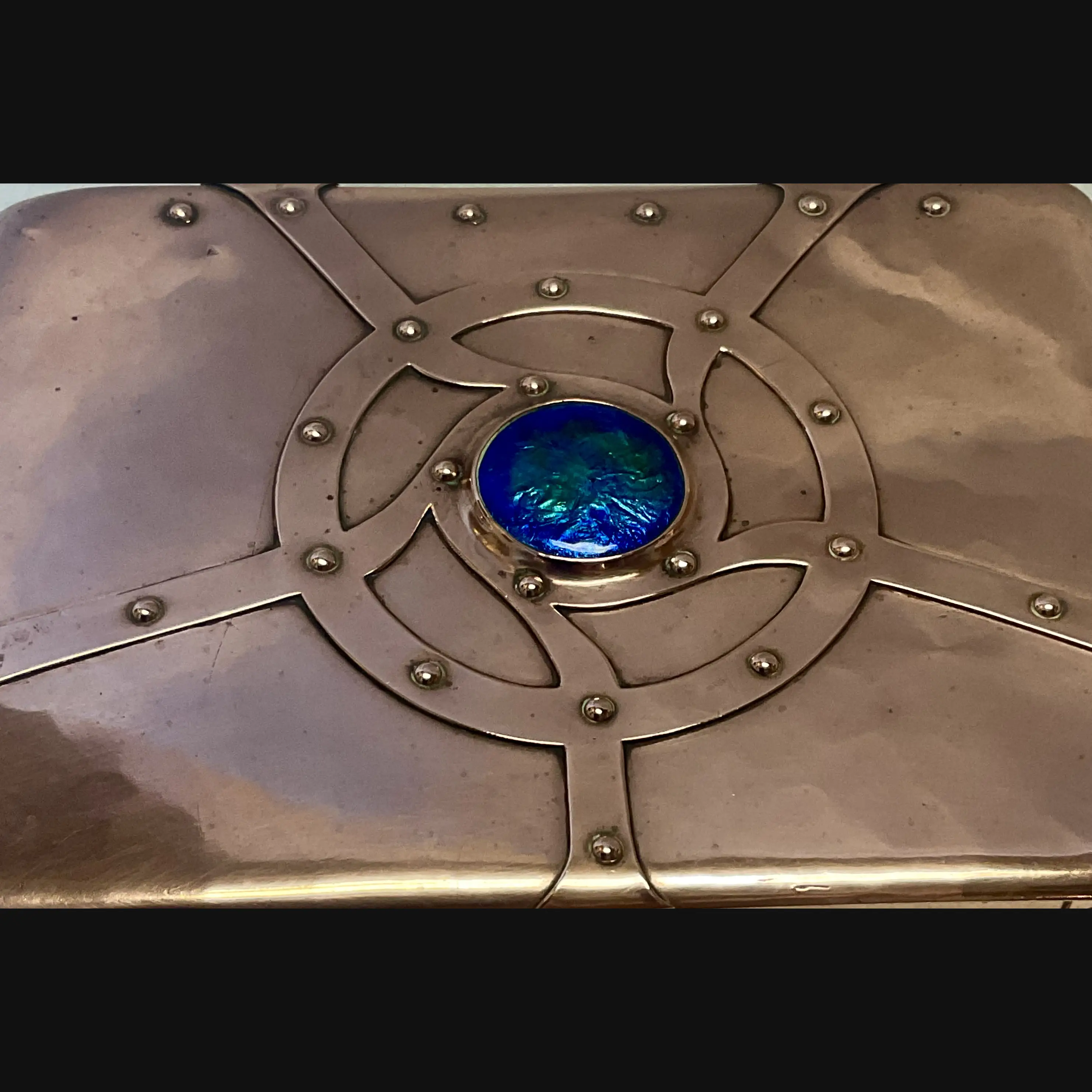 fw  a e jones arts and crafts copper and enamelled strap top box designed by annie stubbs