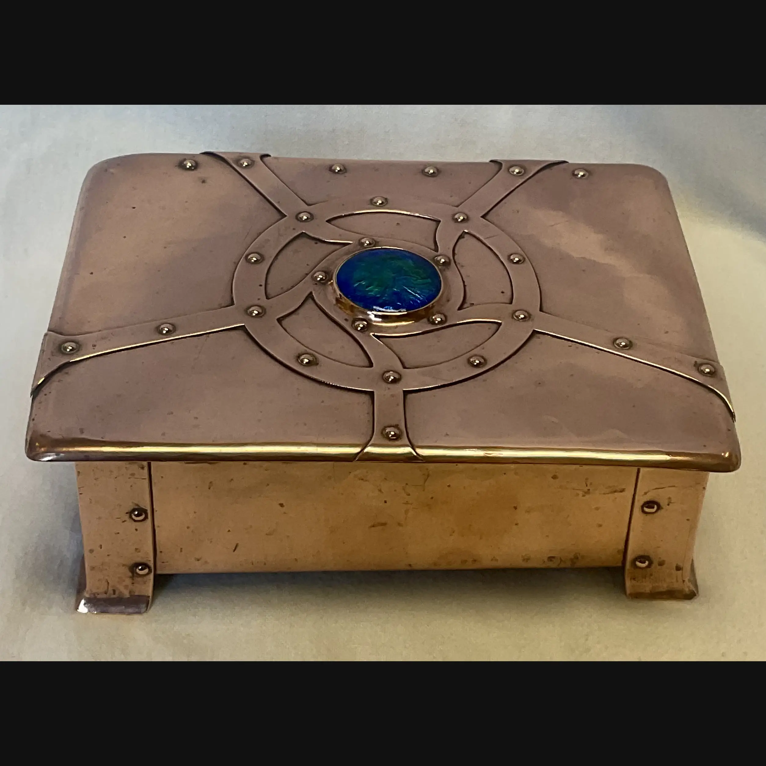 fw  a e jones arts and crafts copper and enamelled strap top box designed by annie stubbs