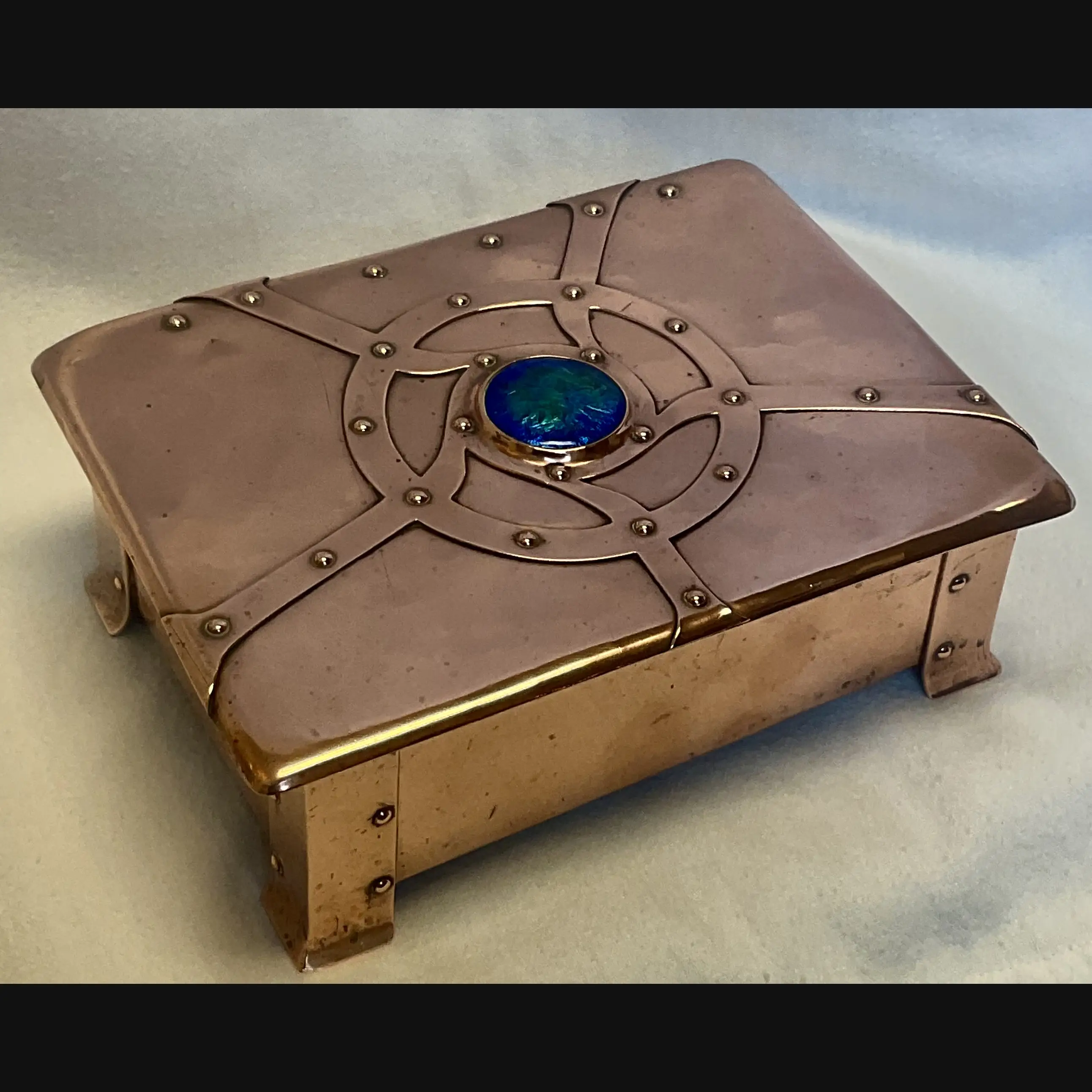 fw  a e jones arts and crafts copper and enamelled strap top box designed by annie stubbs