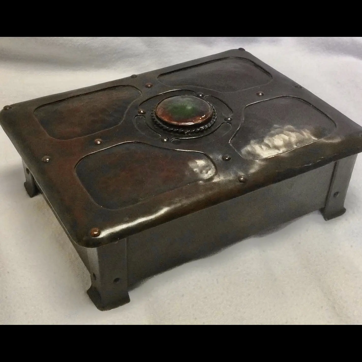 a e jones arts and crafts ruskin mounted rivet strapped table box