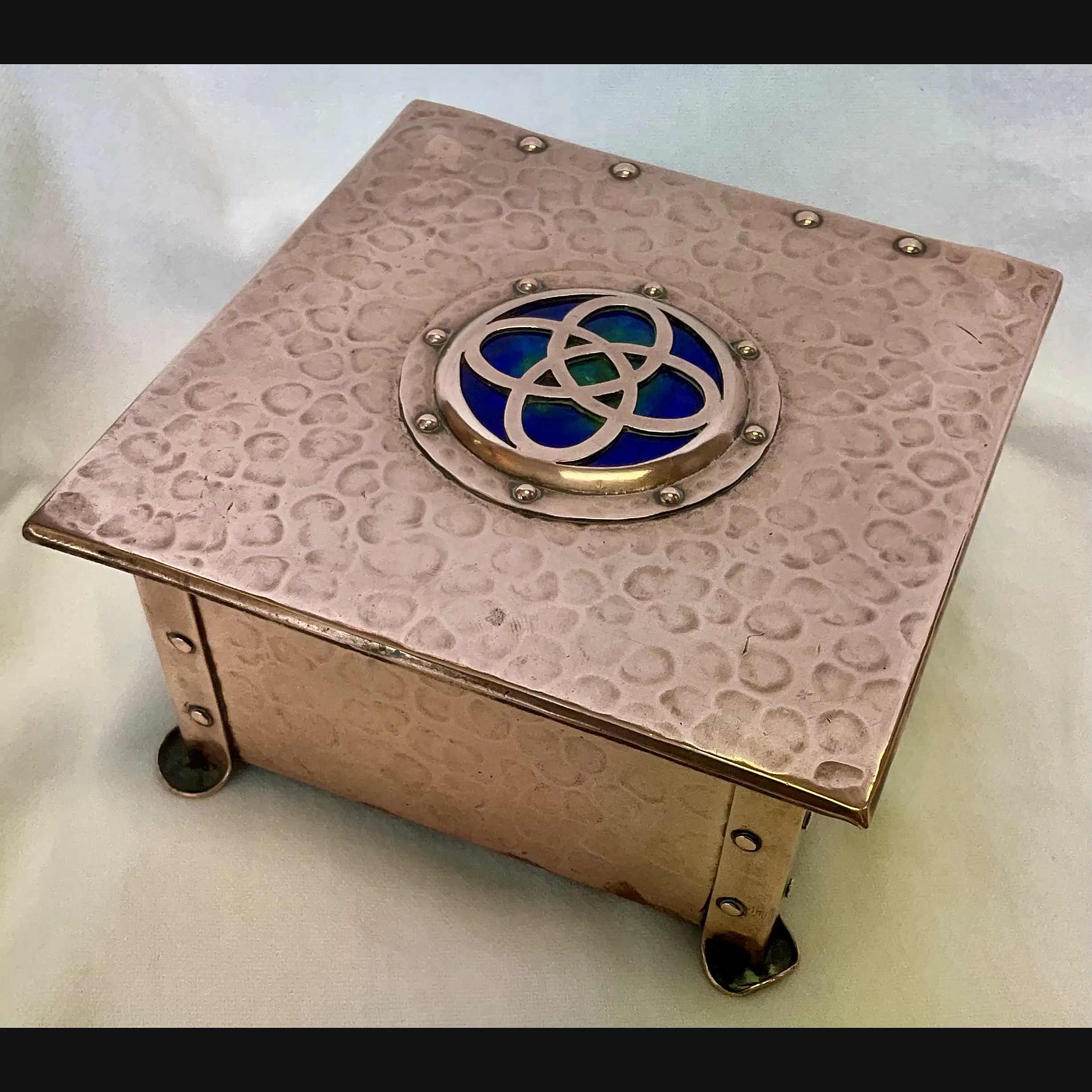 best and lloyd cambray ware arts and crafts copper and enamel cabochon table box lined in cedar c1910