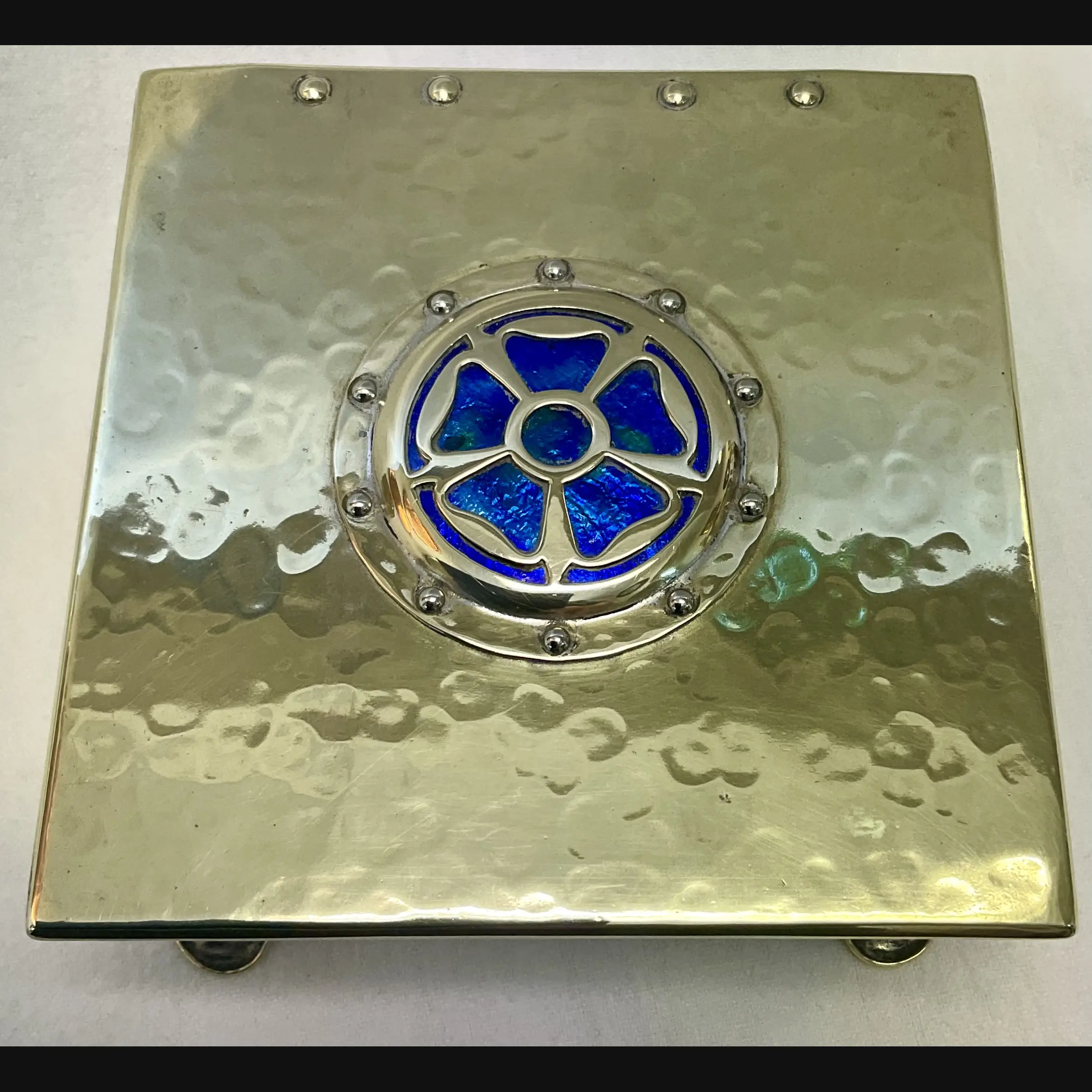 cambray ware by best and lloyd of birmingham arts and crafts brass casket with enamel rose cover c1910