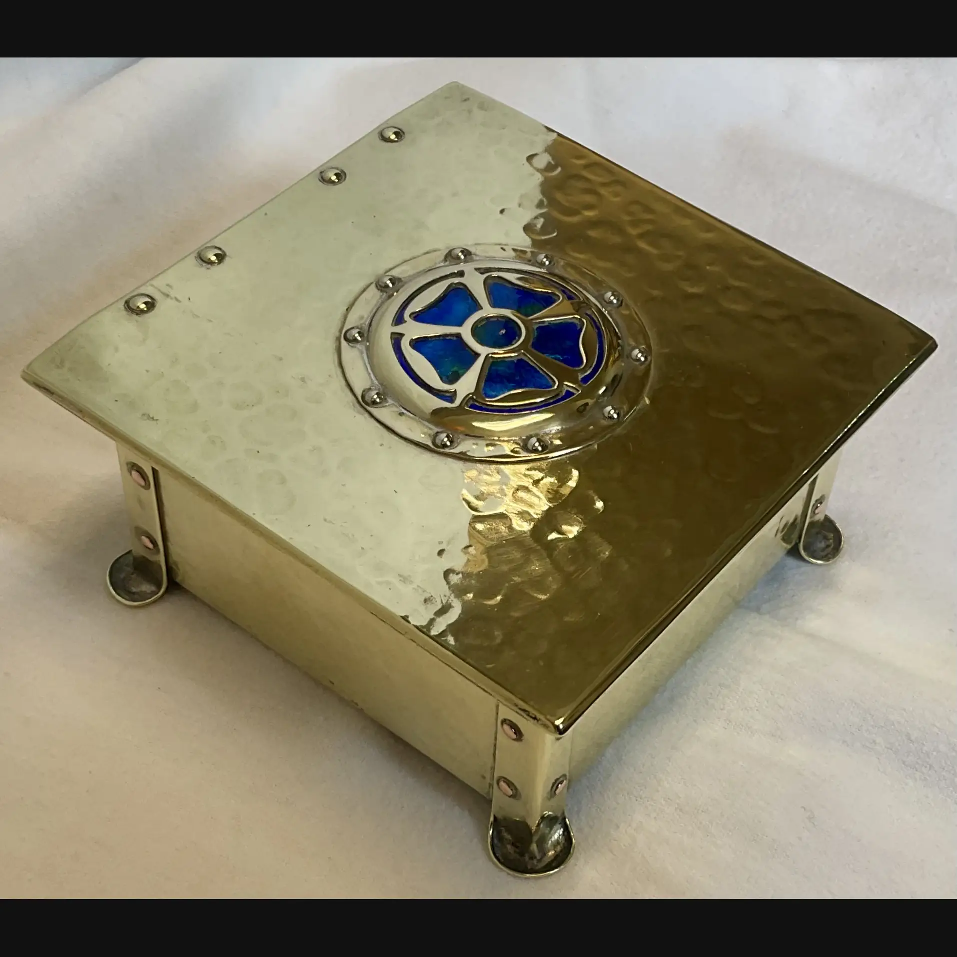 cambray ware by best and lloyd of birmingham arts and crafts brass casket with enamel rose cover c1910
