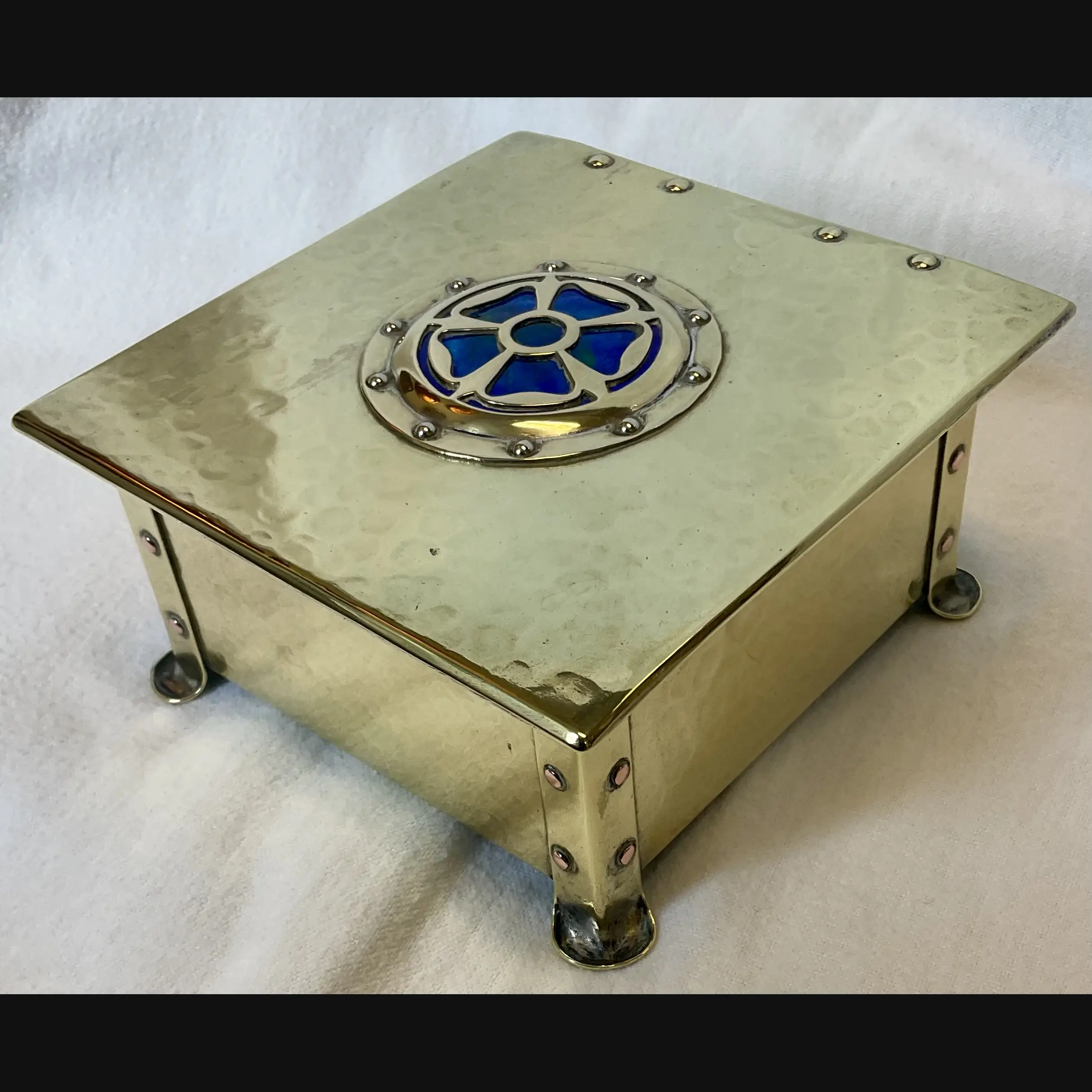 cambray ware by best and lloyd of birmingham arts and crafts brass casket with enamel rose cover c1910