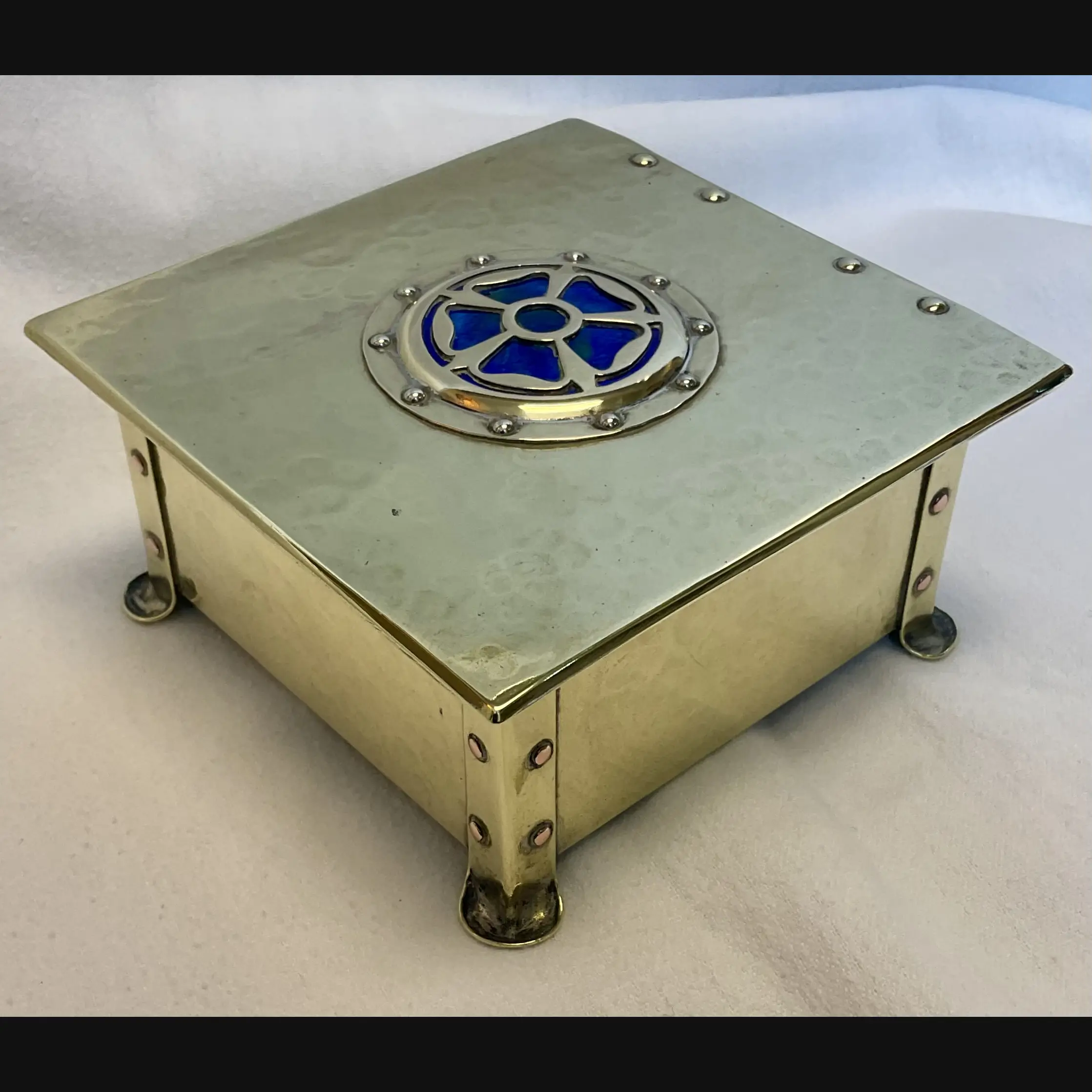 cambray ware by best and lloyd of birmingham arts and crafts brass casket with enamel rose cover c1910