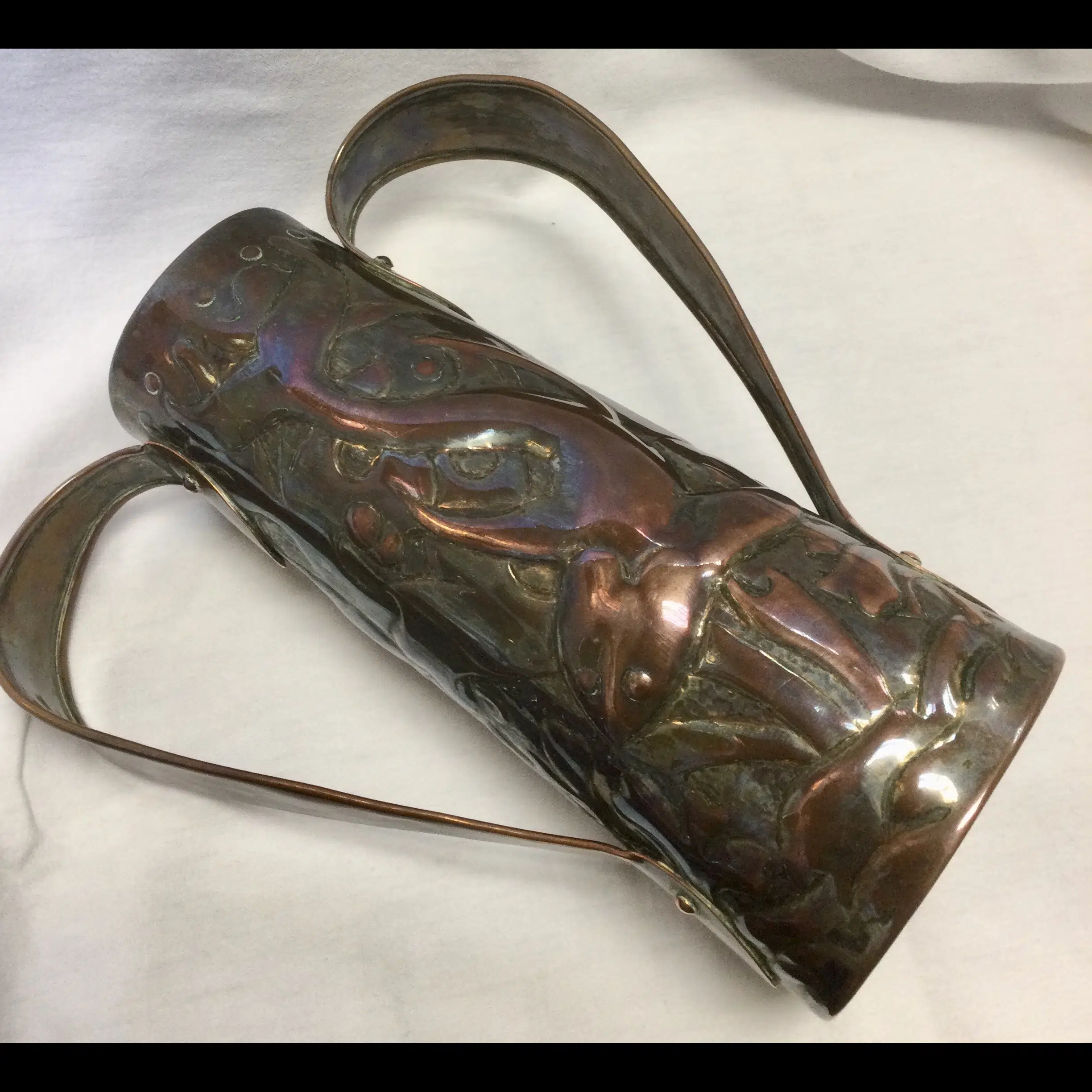 newlyn arts and crafts copper two handled vase with dog fish c1900