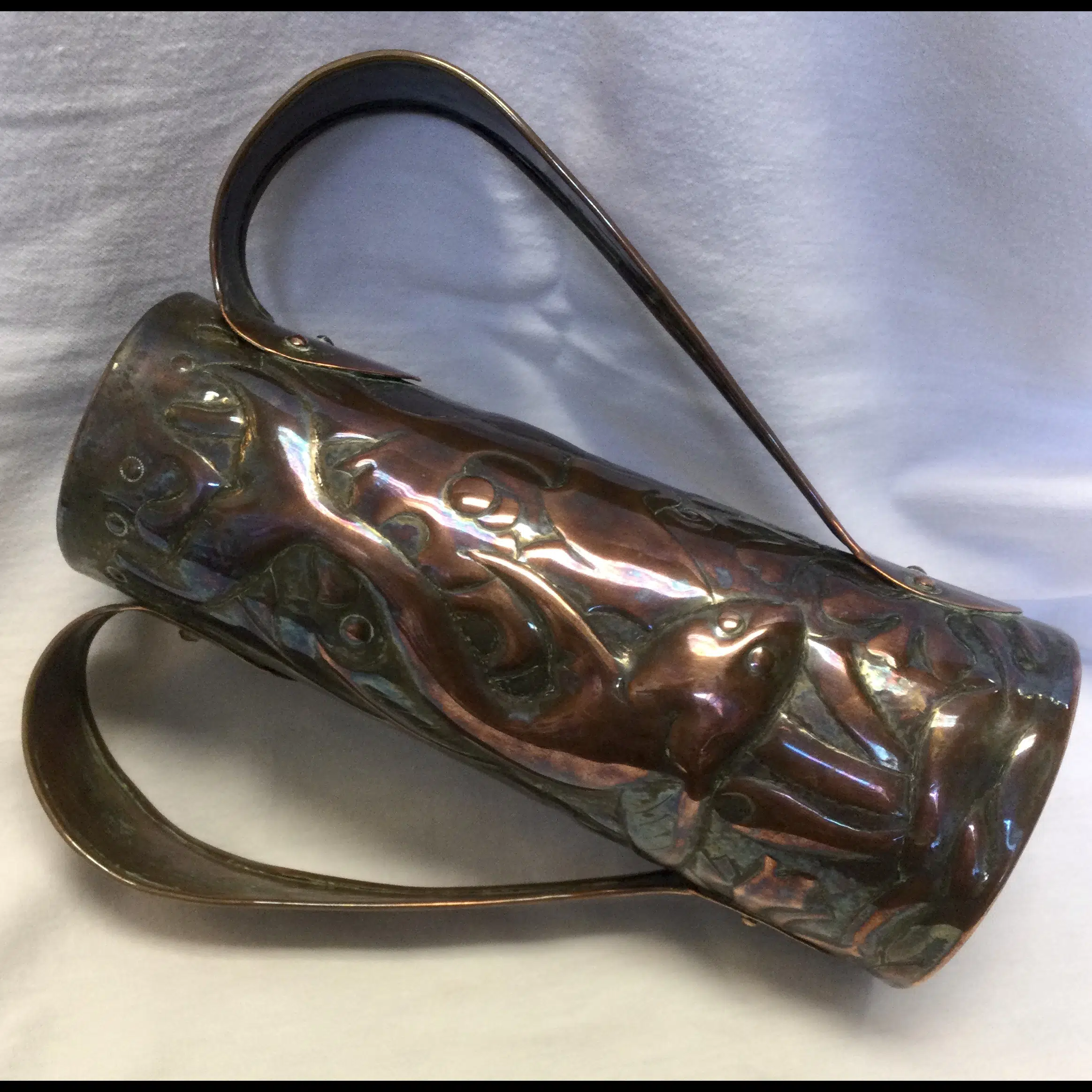 newlyn arts and crafts copper two handled vase with dog fish c1900