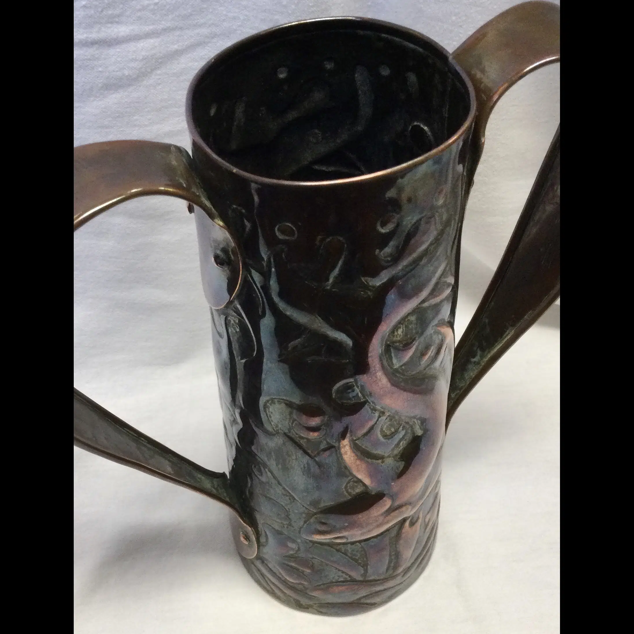 newlyn arts and crafts copper two handled vase with dog fish c1900