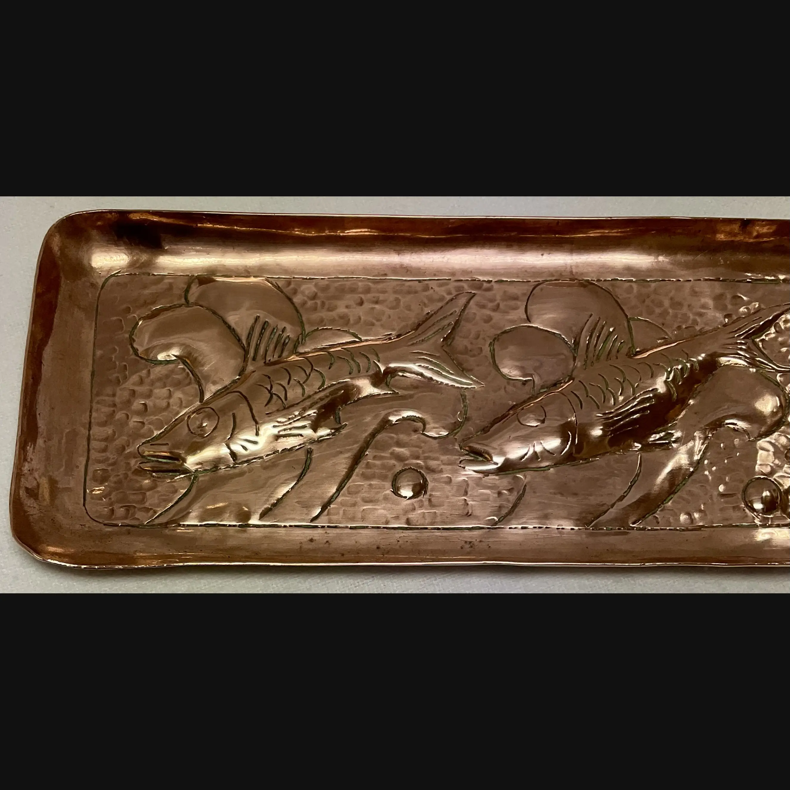 newlyn school arts and crafts copper pen tray with three swimming fish