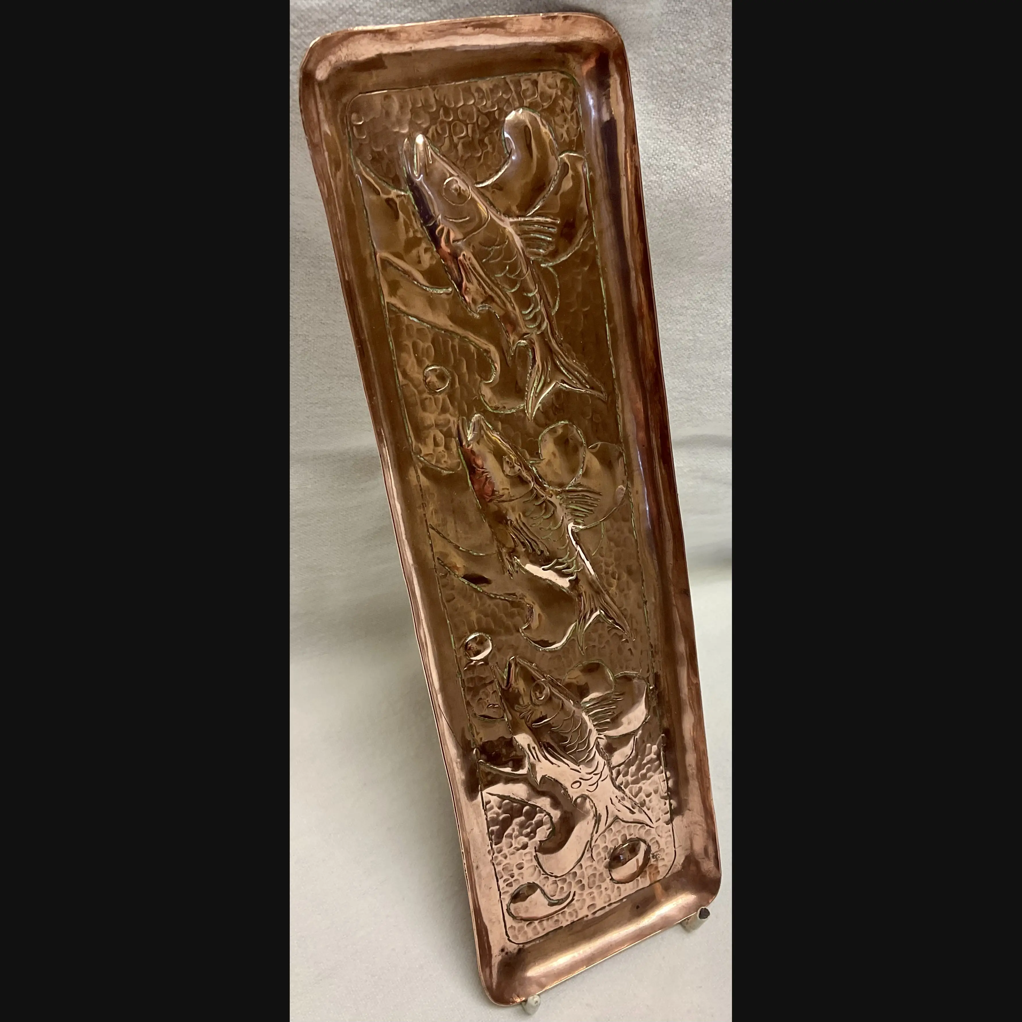 newlyn school arts and crafts copper pen tray with three swimming fish