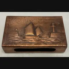 newlyn copper arts and crafts large copper matchbox cover with luggers and lighthouse c1910