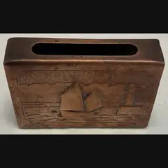 newlyn copper arts and crafts large copper matchbox cover with luggers and lighthouse c1910