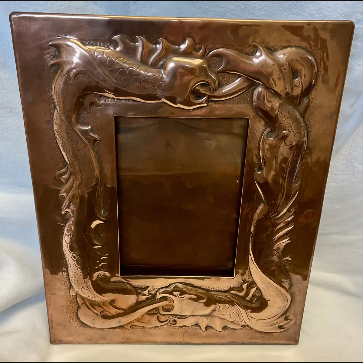 large early newlyn industrial class arts and crafts grotesques copper photo frame c1900