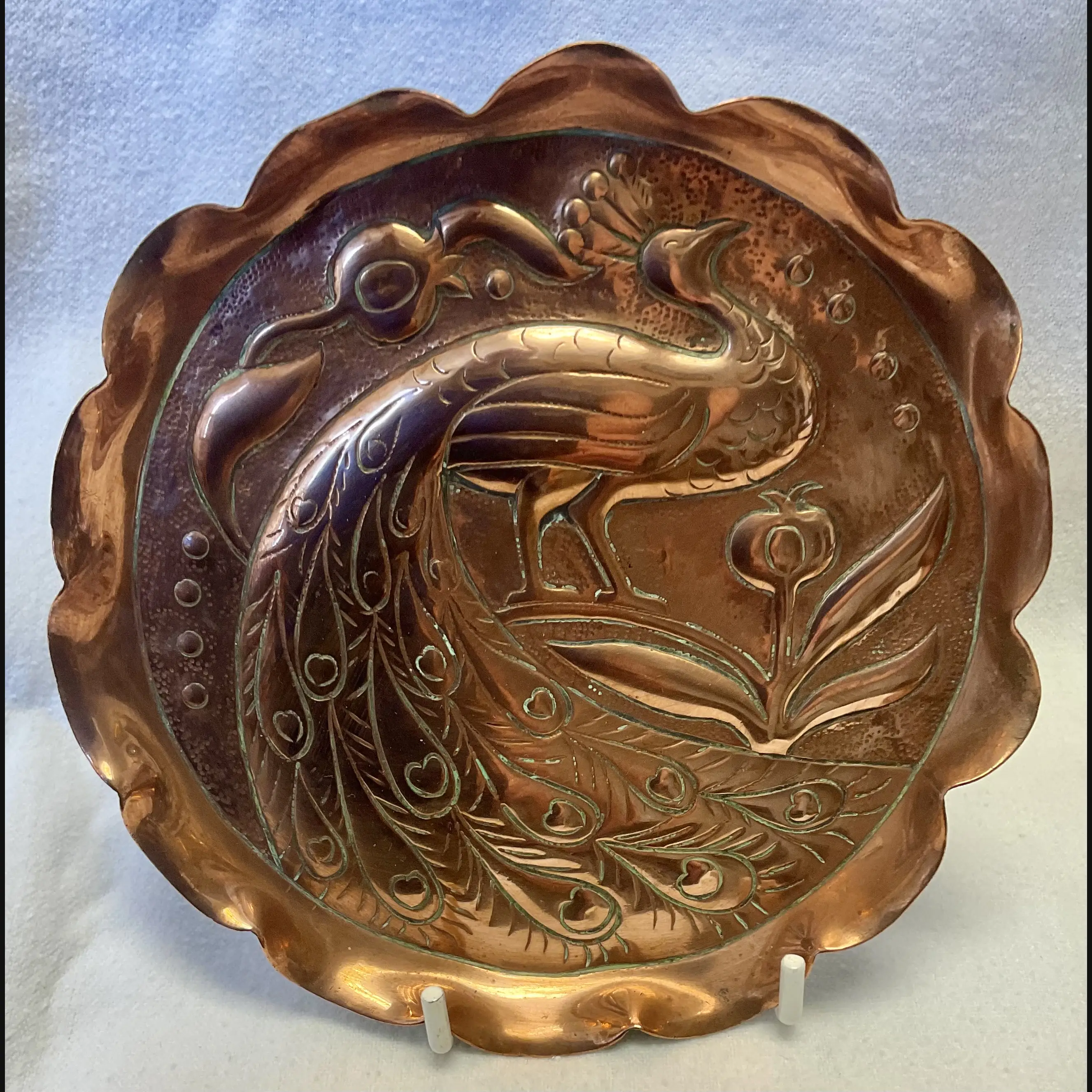 fivemiletown irish arts and crafts copper peacock card tray c1910