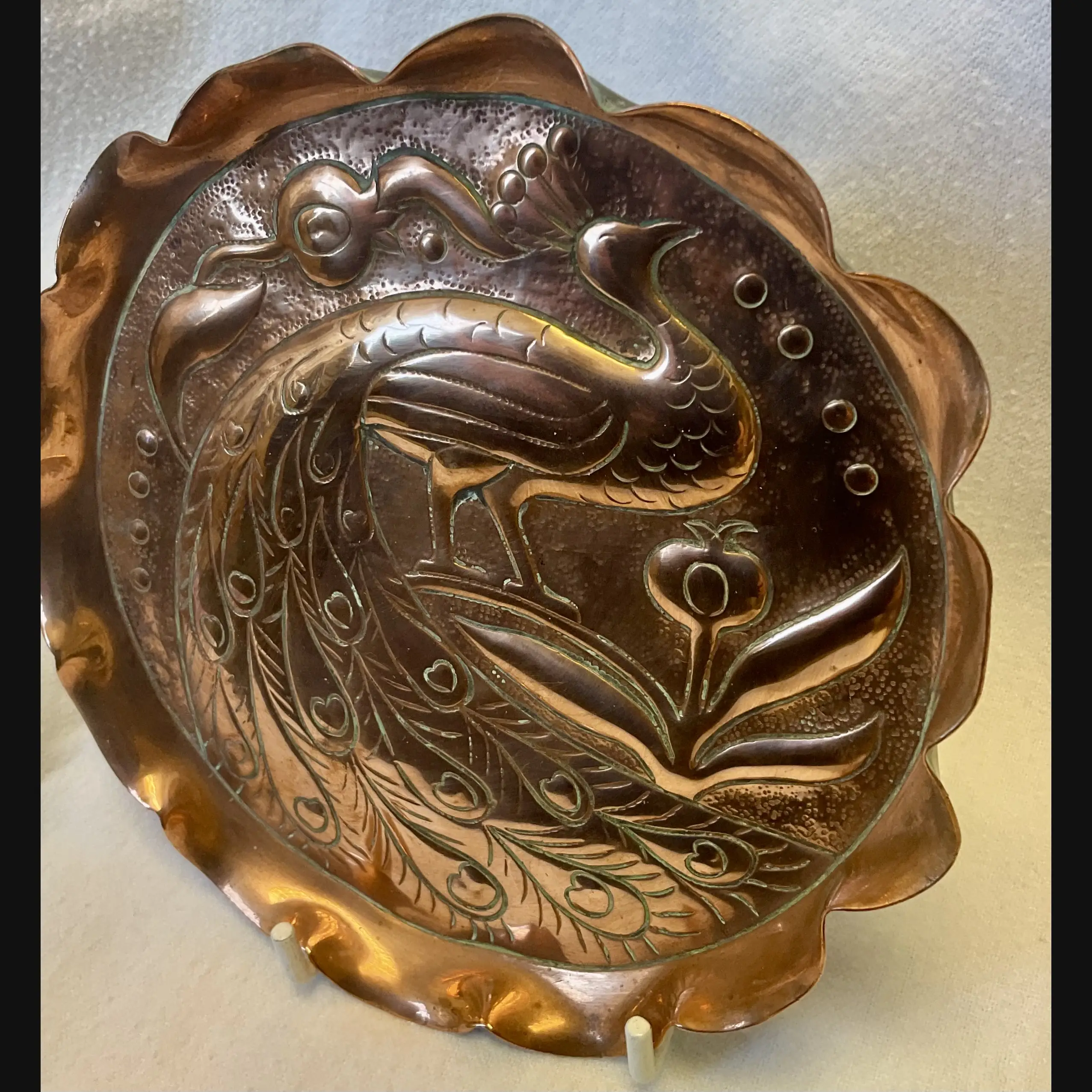 fivemiletown irish arts and crafts copper peacock card tray c1910