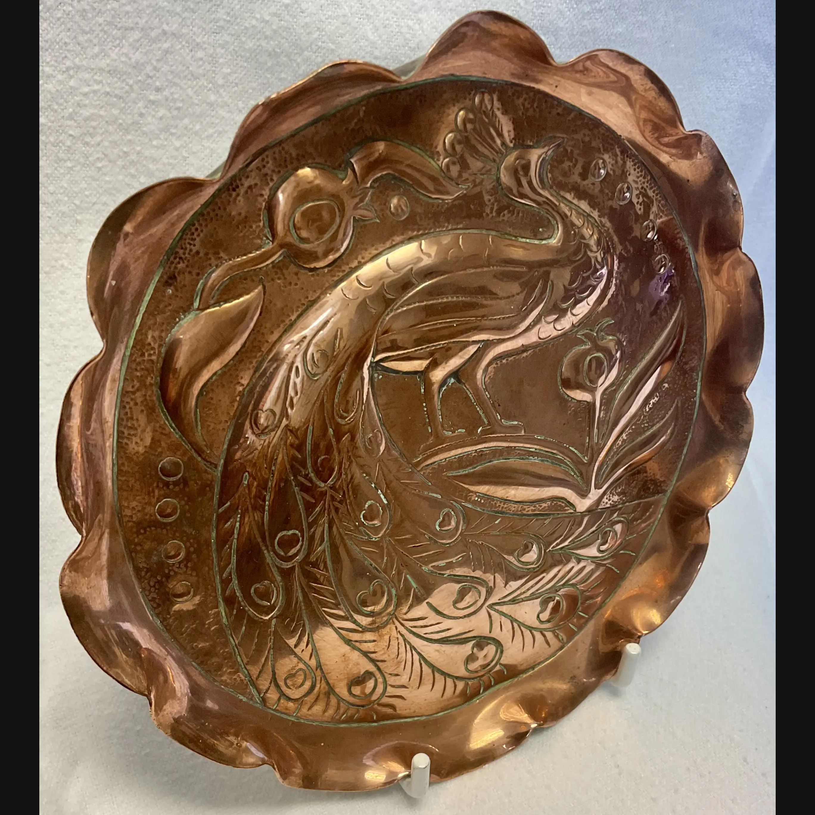 fivemiletown irish arts and crafts copper peacock card tray c1910
