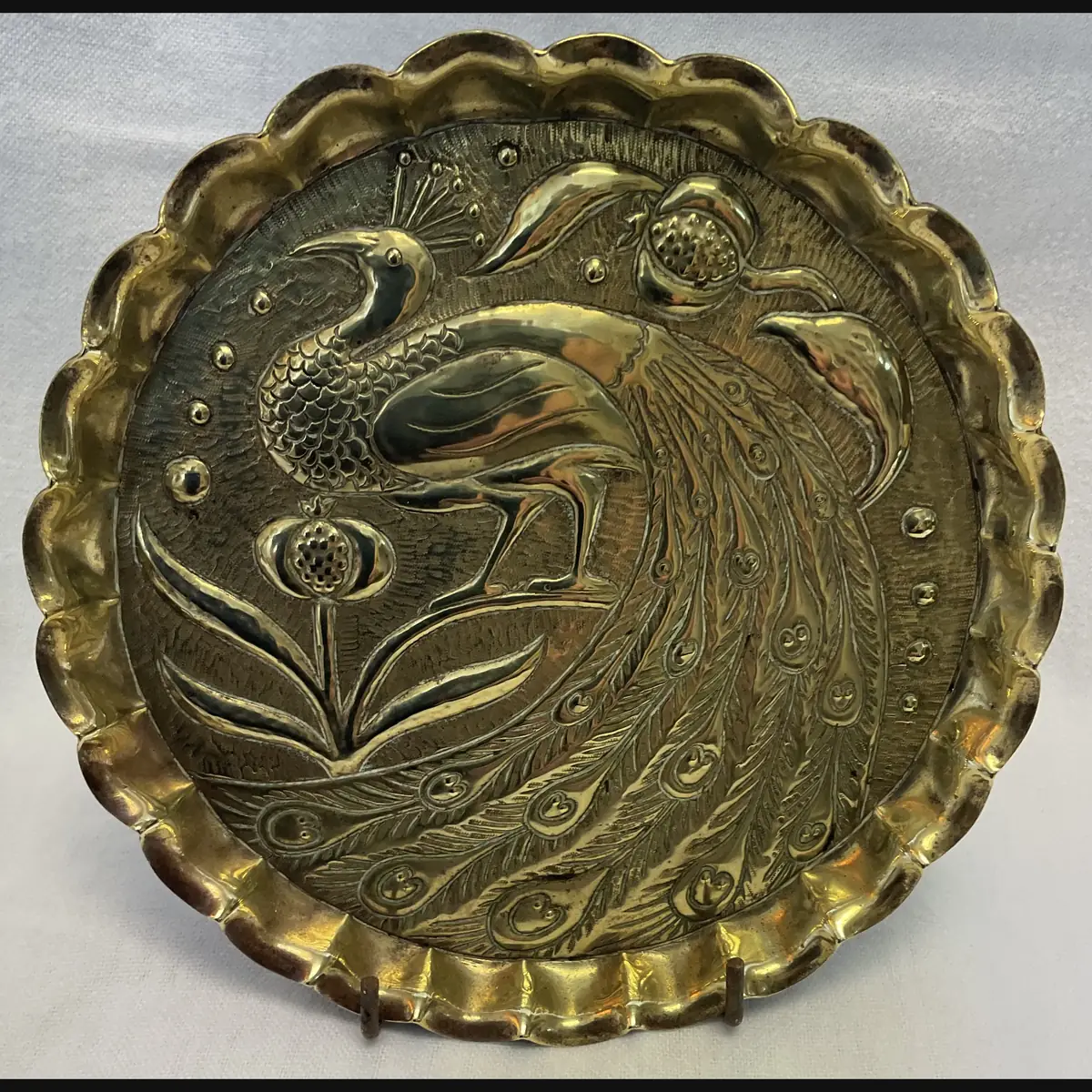 fivemiletown irish arts and crafts peacock card in brass c1900