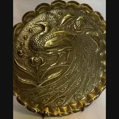 fivemiletown irish arts and crafts peacock card in brass c1900