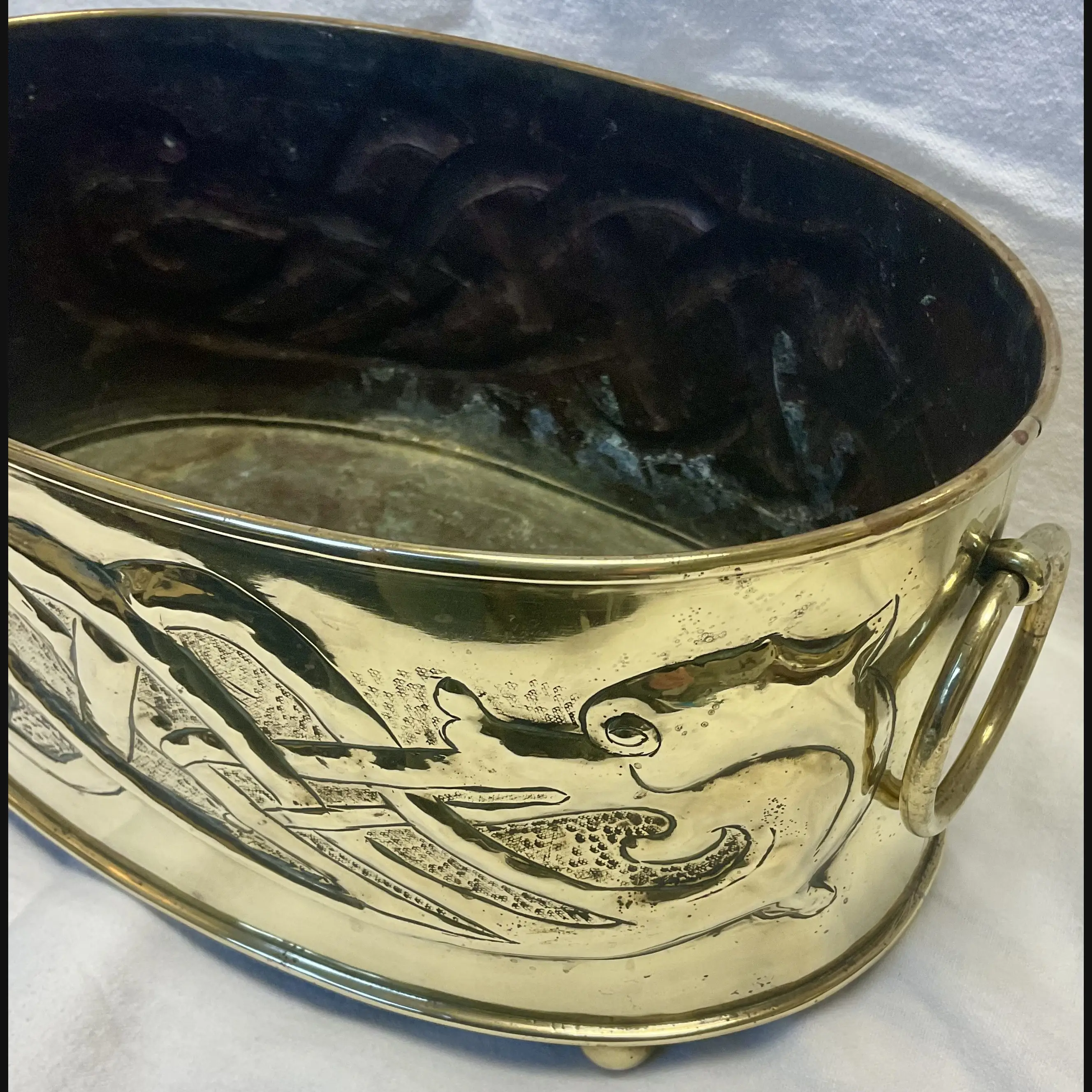 large scottish arts and crafts entwined celtic serpent brass planter with ring handles c1910
