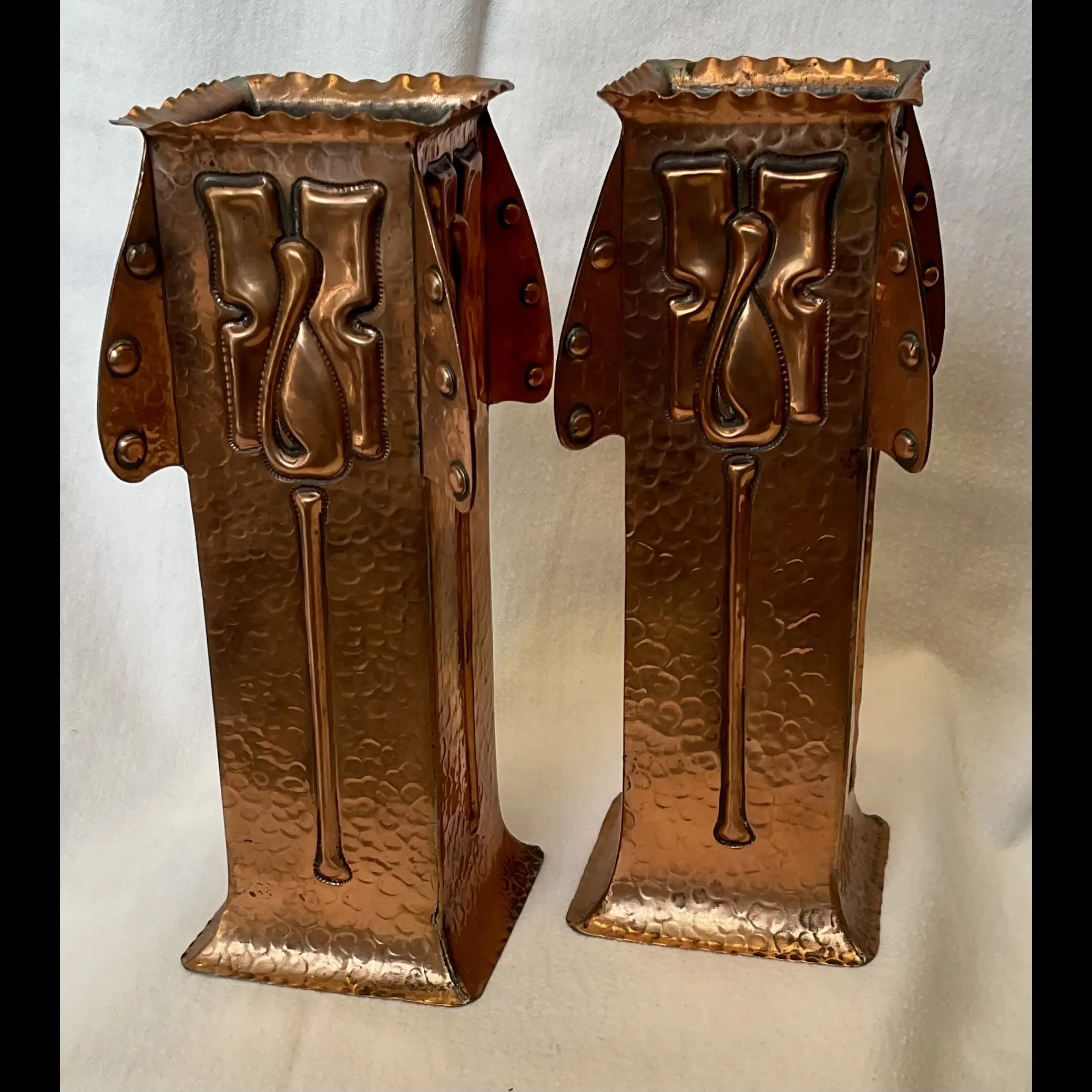 j f pool hayle cornwall arts and crafts copper secessionist vases c1910