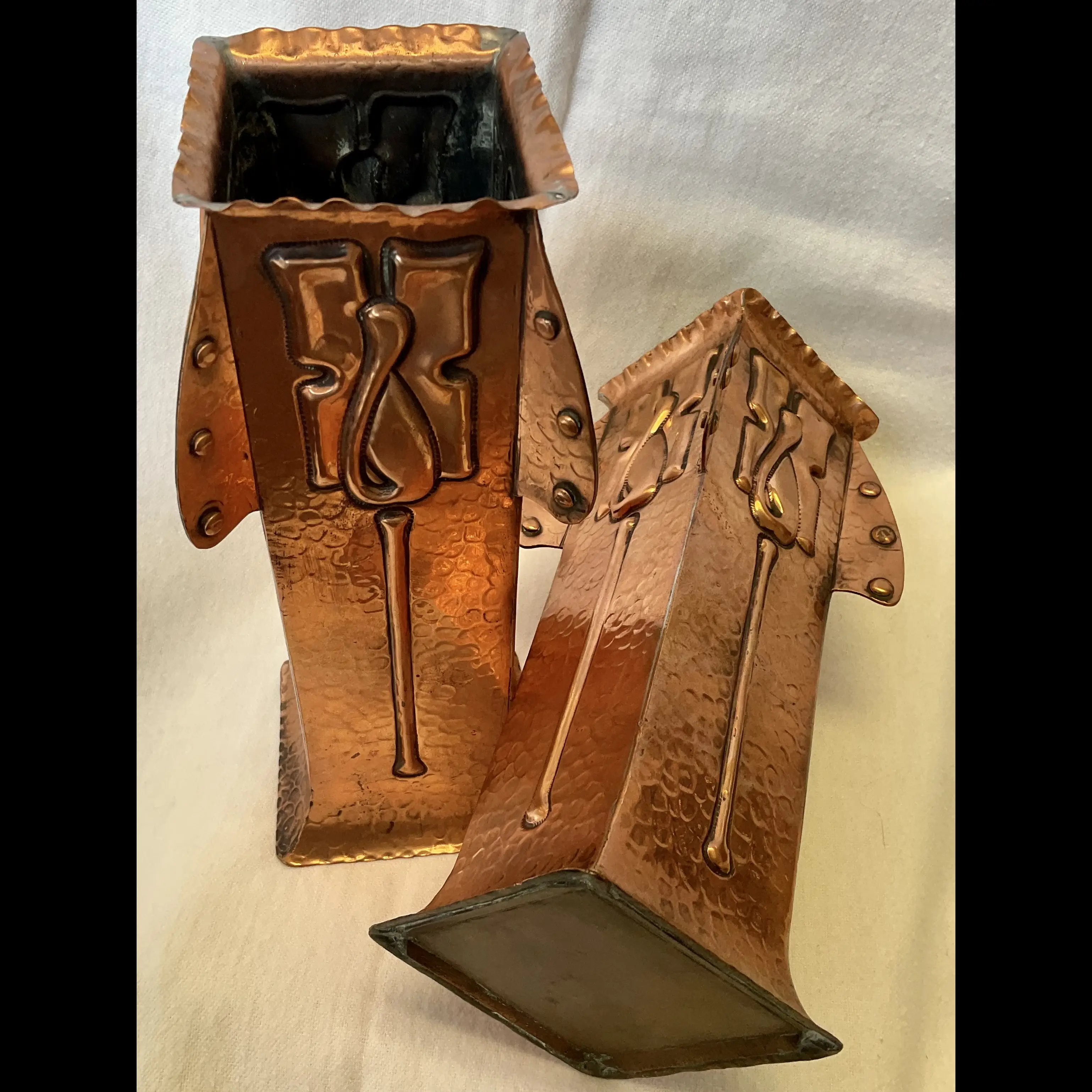 j f pool hayle cornwall arts and crafts copper secessionist vases c1910
