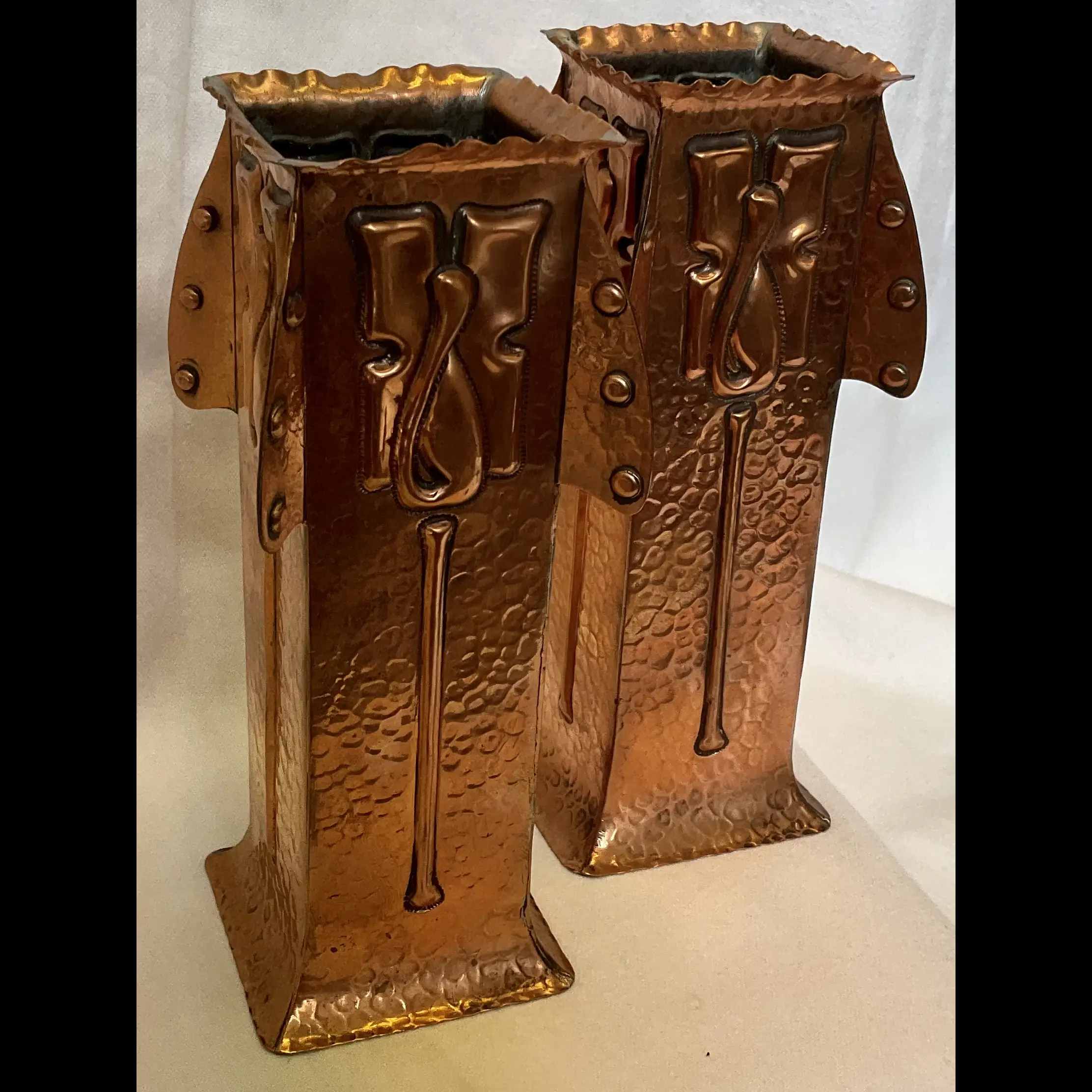 j f pool hayle cornwall arts and crafts copper secessionist vases c1910