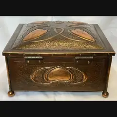 j f pool hayle copper works large secessionist inverted heart design copper jewellery casket with original velvet lining c1908