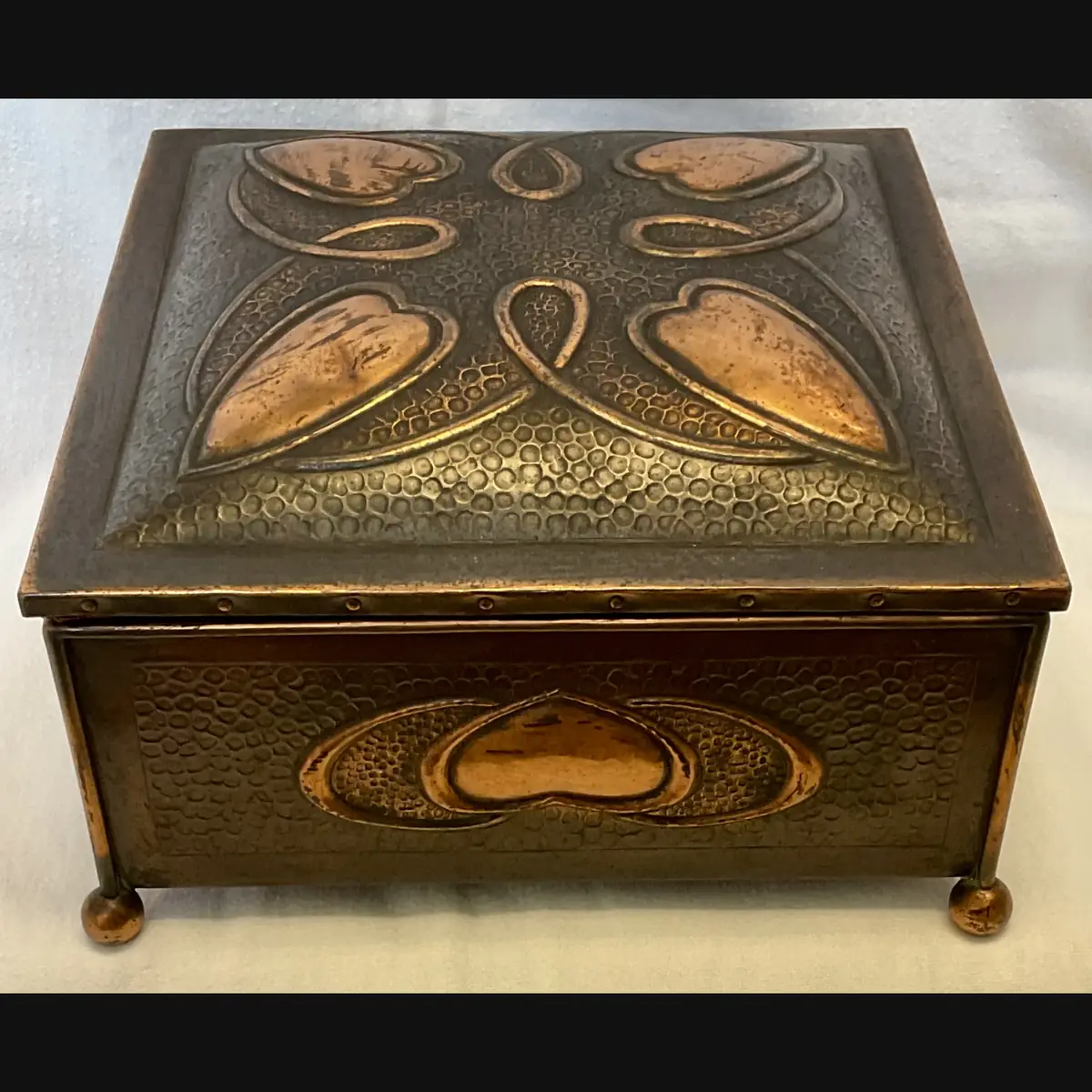 j f pool hayle copper works large secessionist inverted heart design copper jewellery casket with original velvet lining c1908