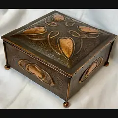j f pool hayle copper works large secessionist inverted heart design copper jewellery casket with original velvet lining c1908