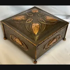 j f pool hayle copper works large secessionist inverted heart design copper jewellery casket with original velvet lining c1908