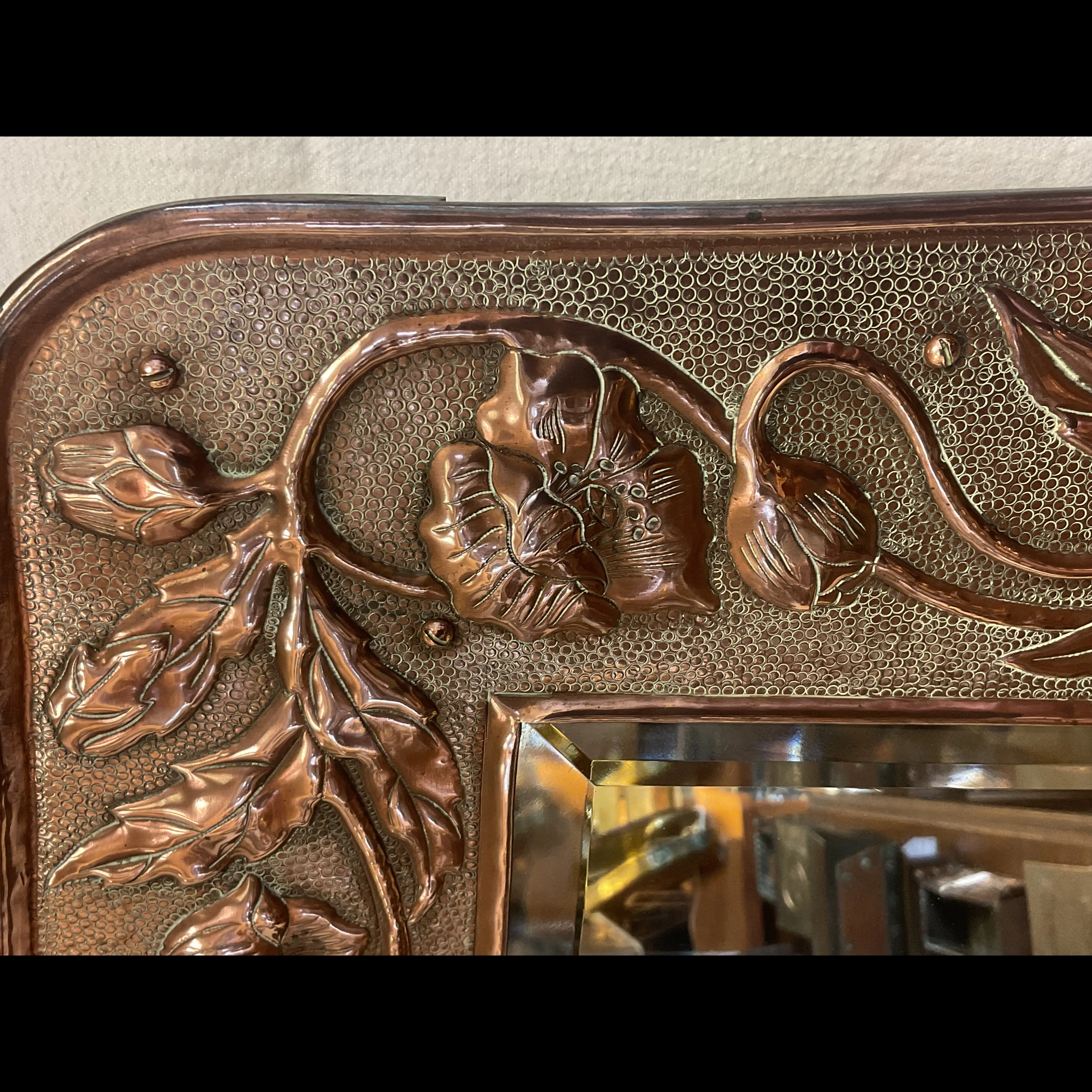 massive ernest harrison keswick arts and crafts copper poppies mirror c1910