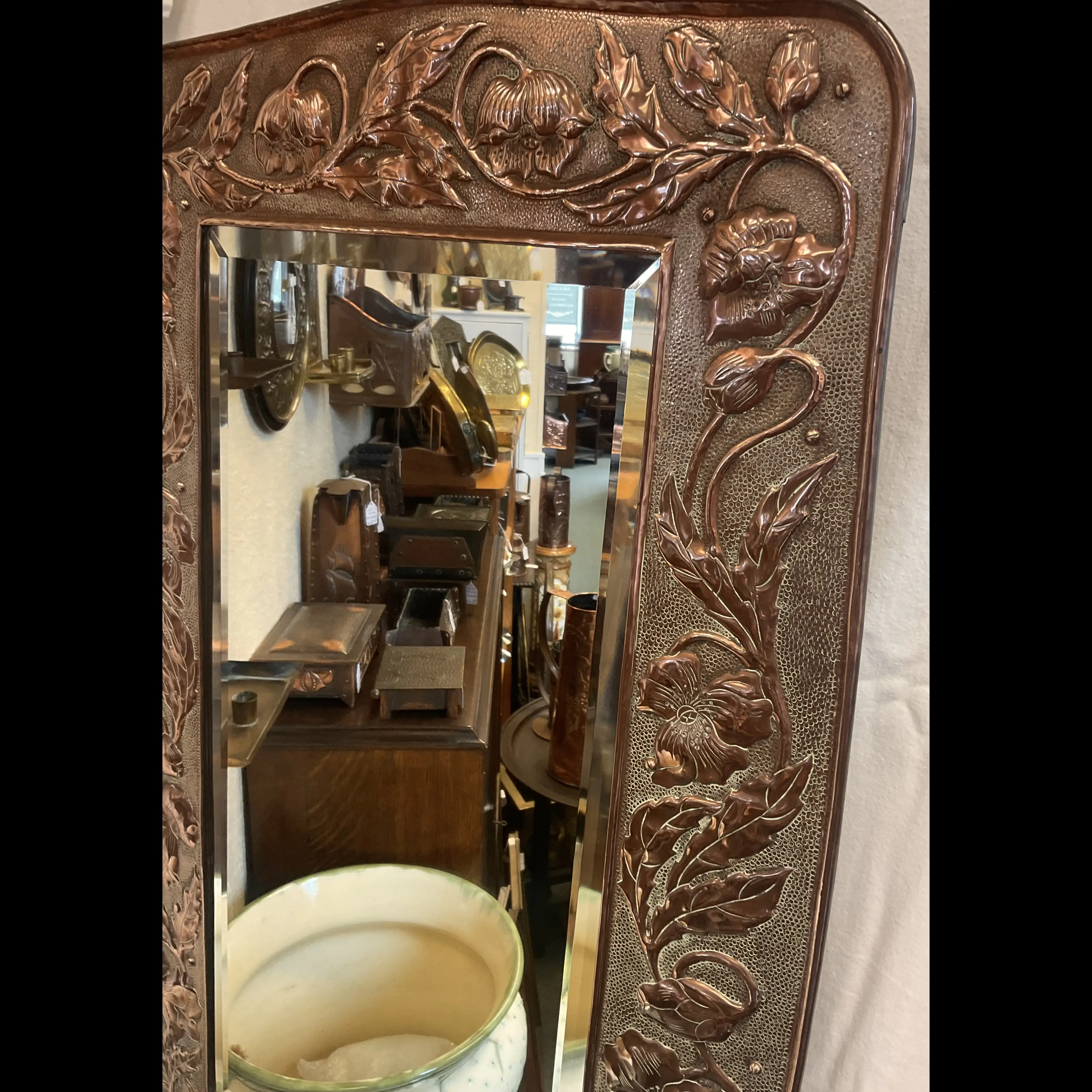 massive ernest harrison keswick arts and crafts copper poppies mirror c1910