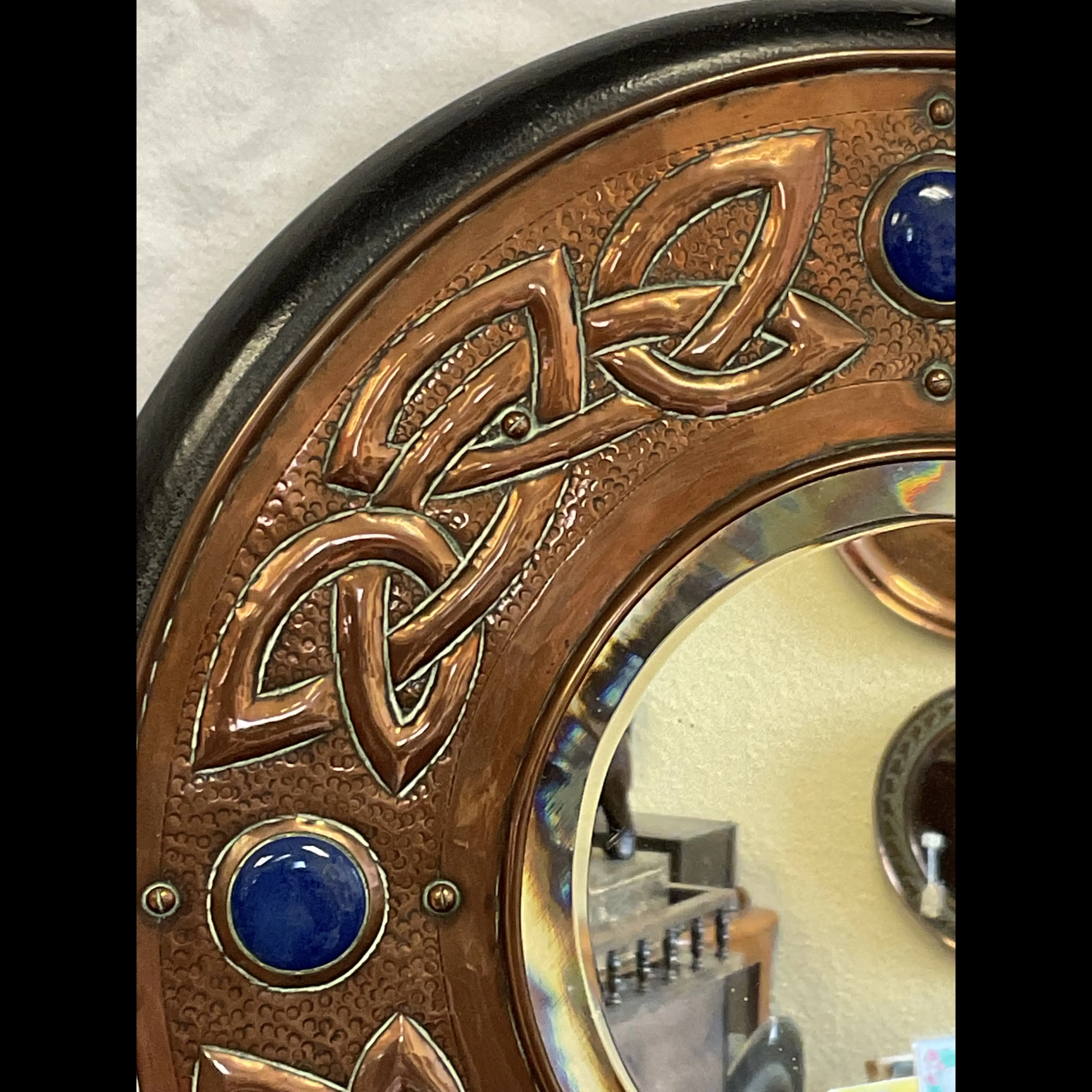 youghal art metal workers irish arts and crafts celtic copper mirror with four ruskin cabochons