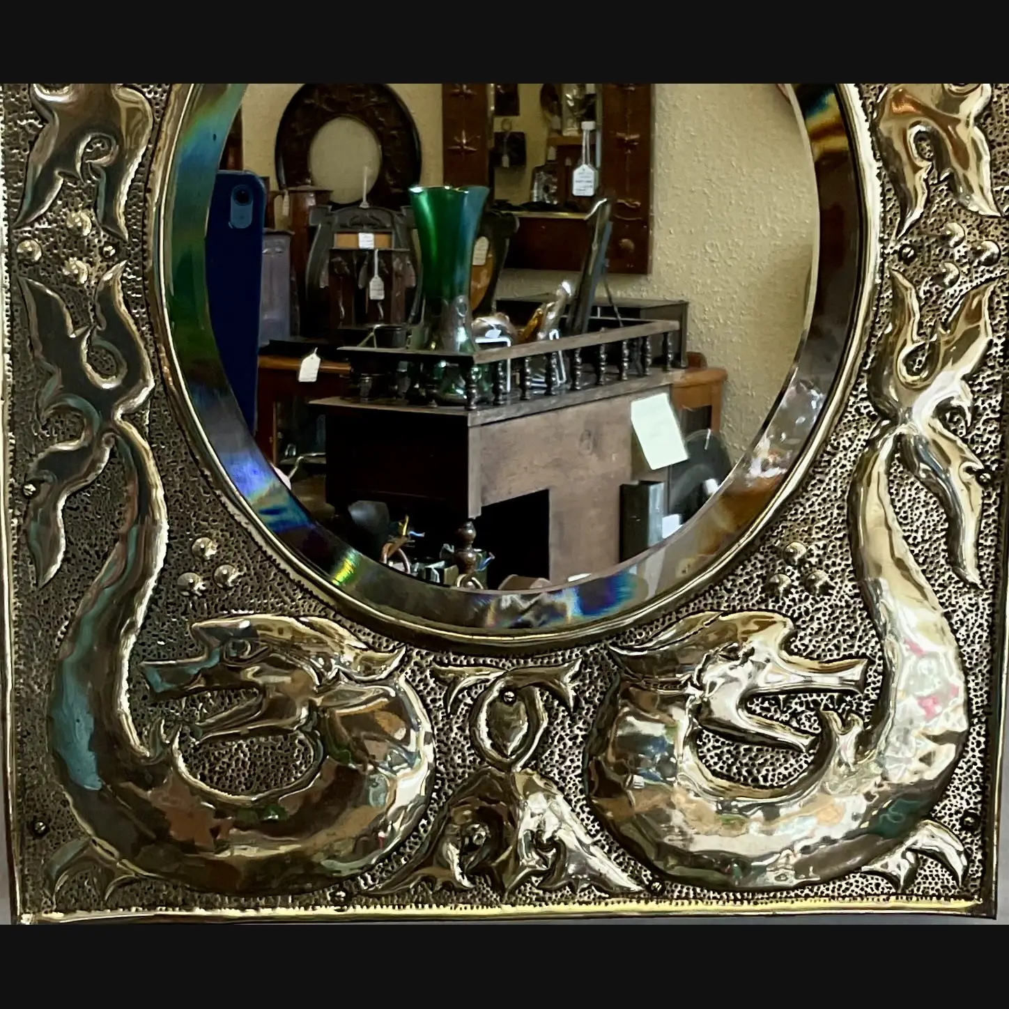 w h mawson keswick home industries khi arts and crafts brass grotesques mirror c1910
