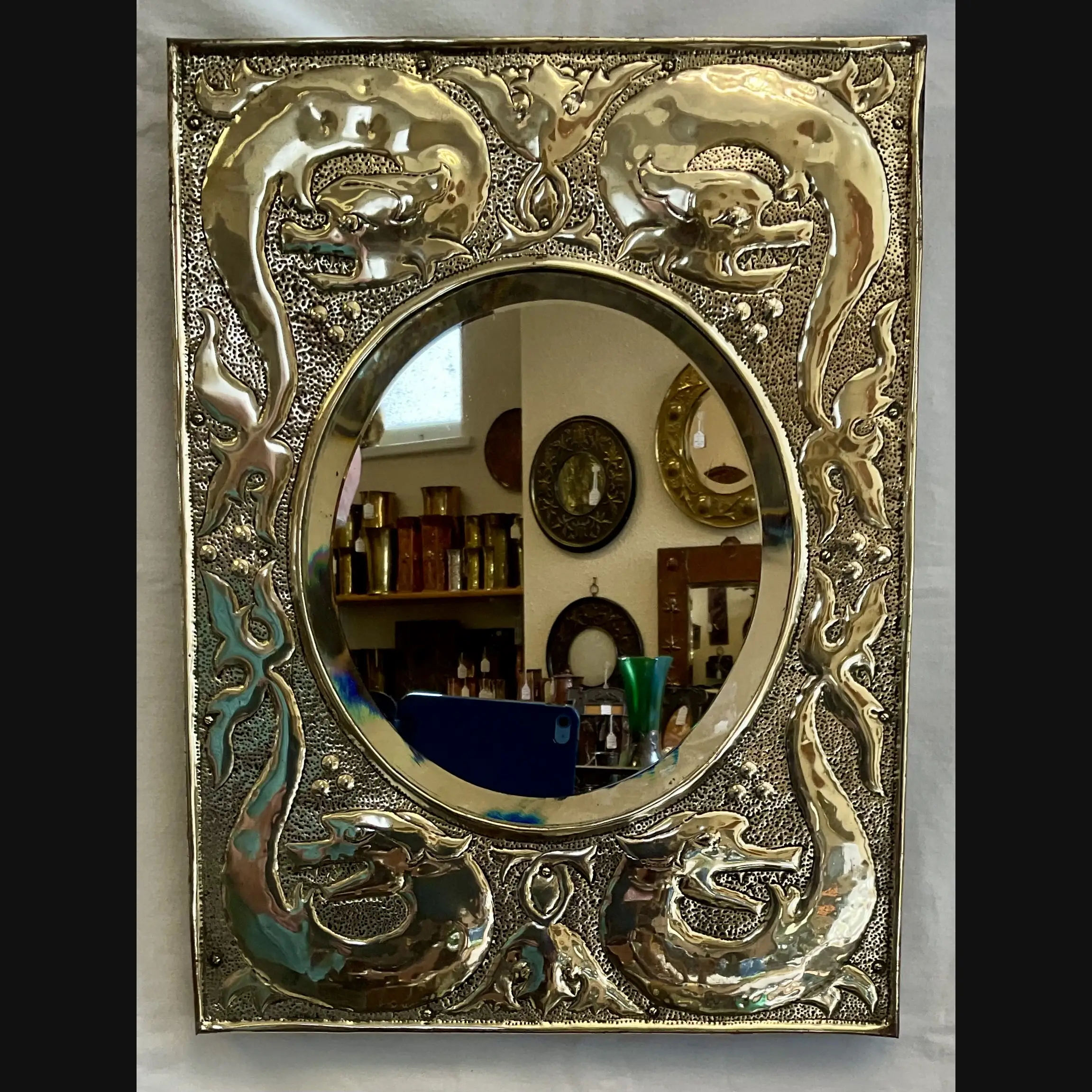 w h mawson keswick home industries khi arts and crafts brass grotesques mirror c1910
