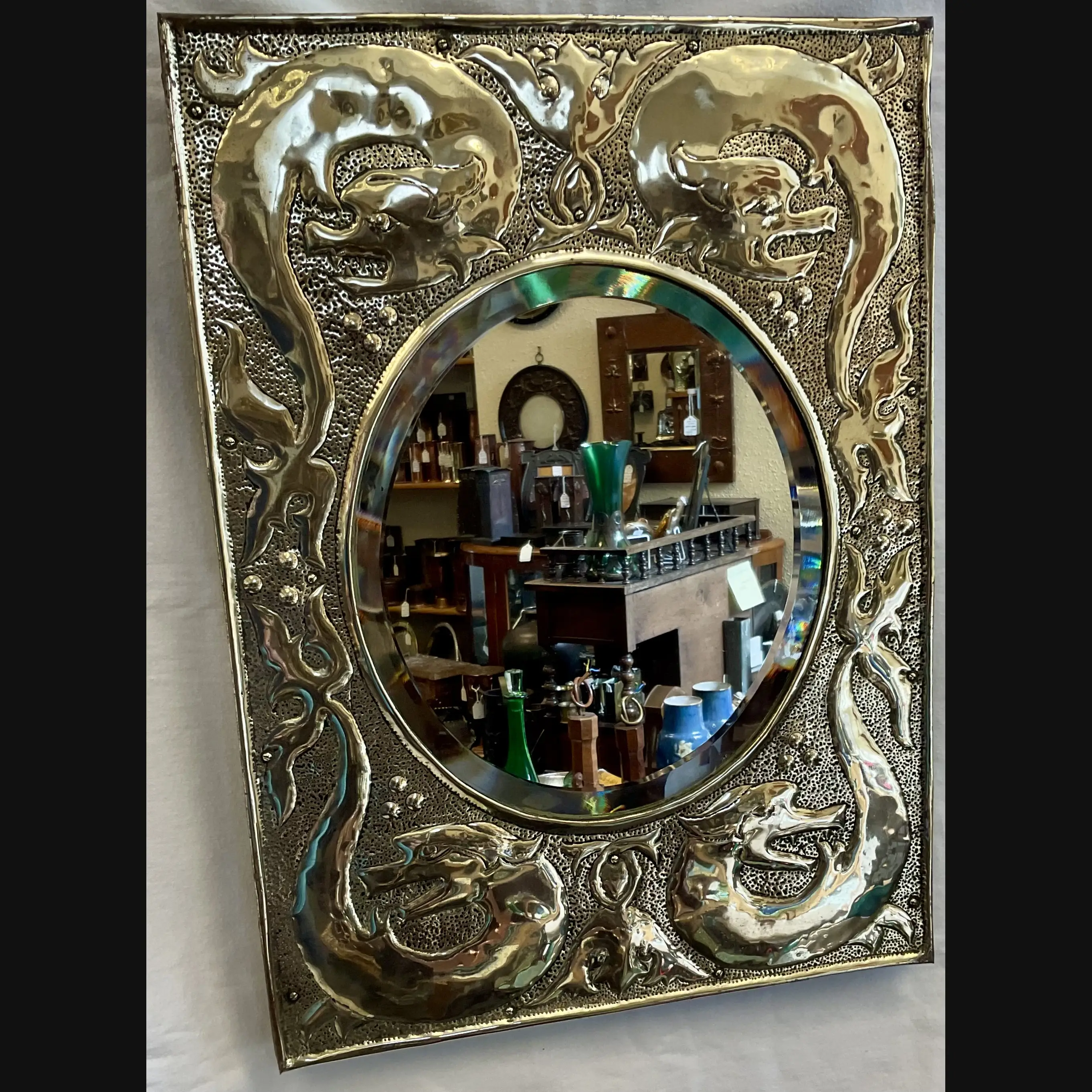 w h mawson keswick home industries khi arts and crafts brass grotesques mirror c1910