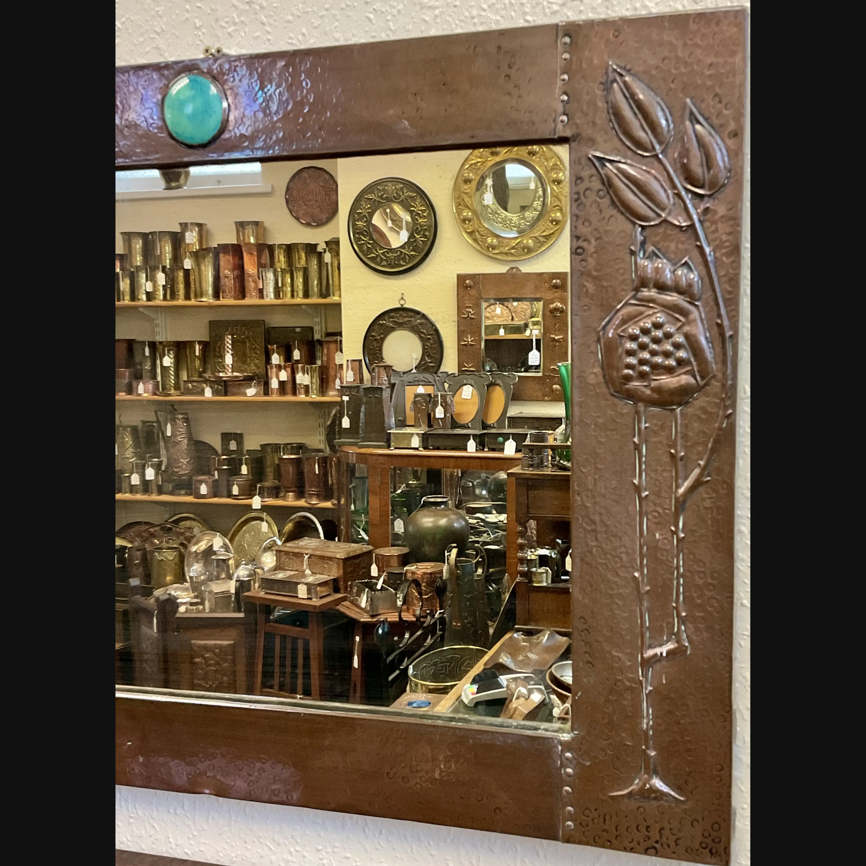 arts and crafts liberty and co copper seed head mirror with ruskin cab c1905