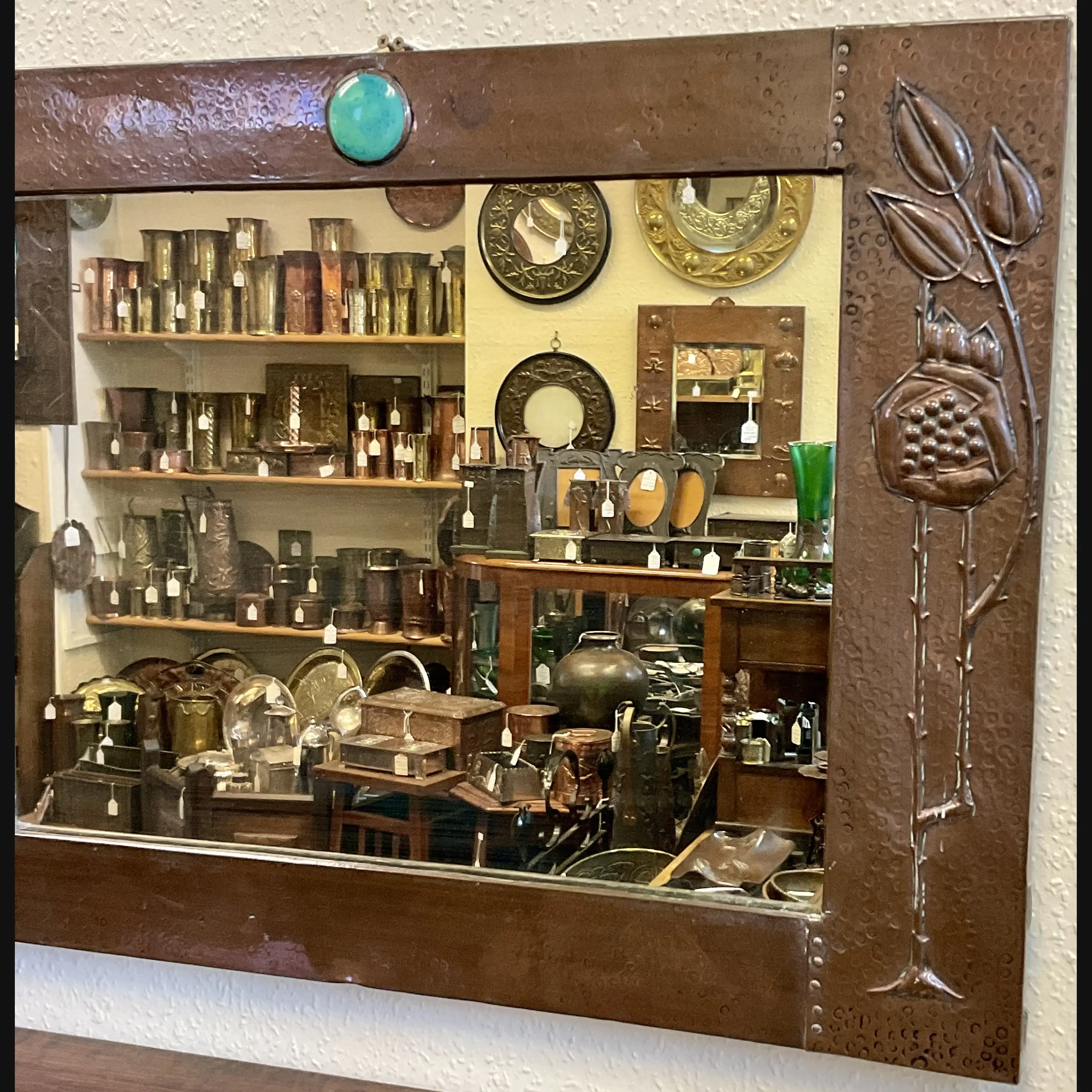 arts and crafts liberty and co copper seed head mirror with ruskin cab c1905