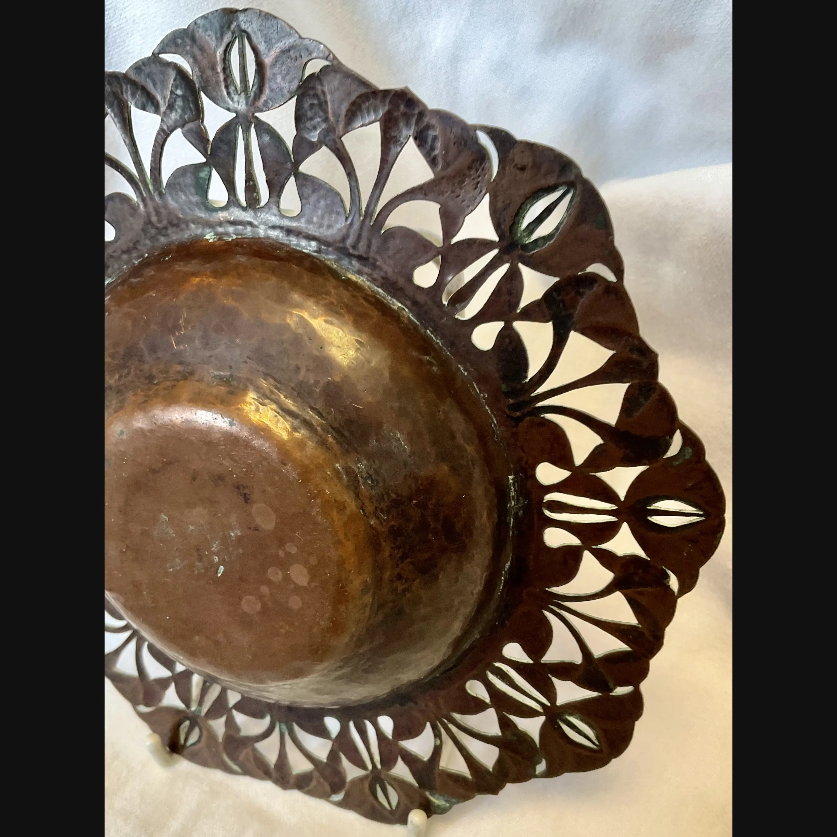 arts and crafts complex pierced and hammered copper card tray c1900