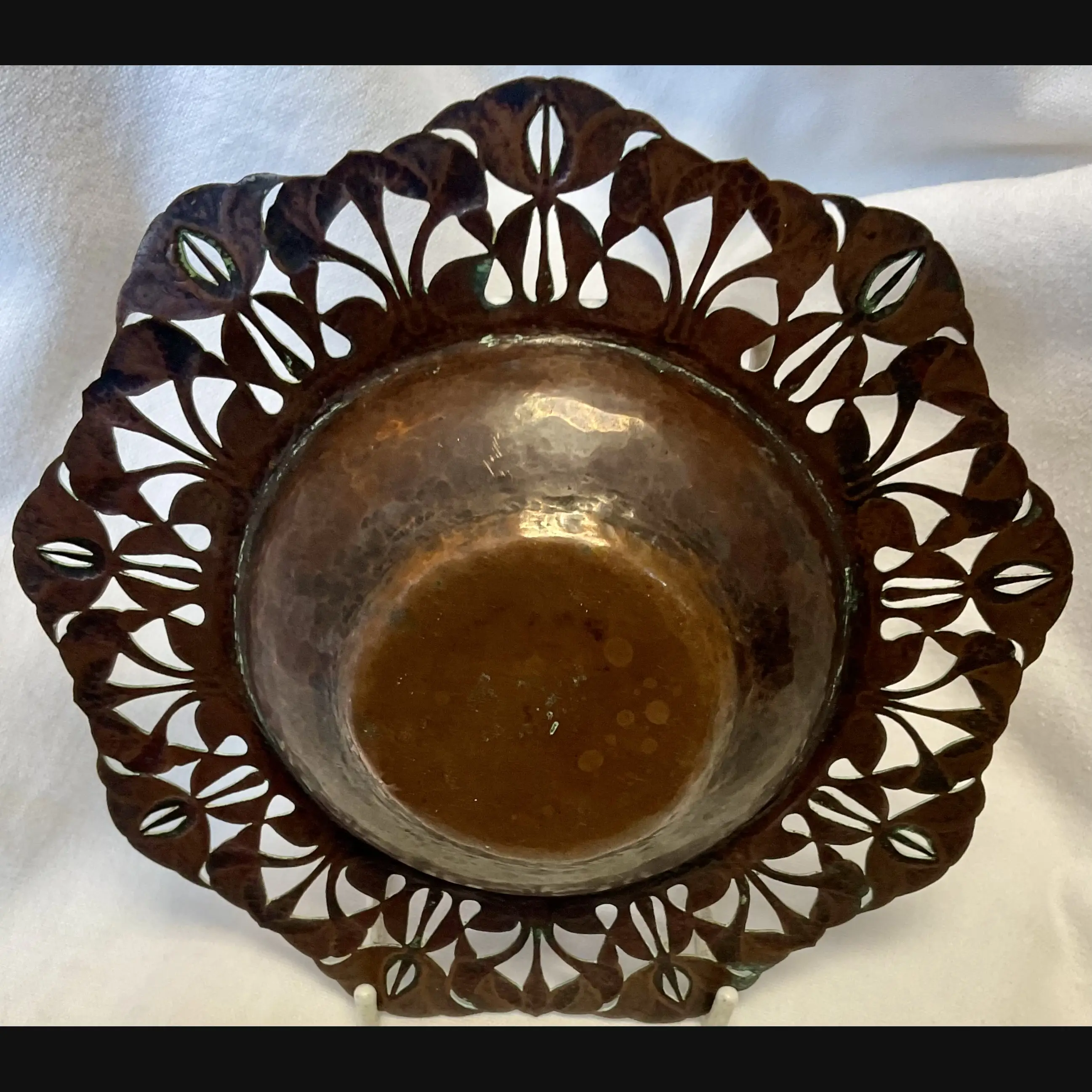 arts and crafts complex pierced and hammered copper card tray c1900