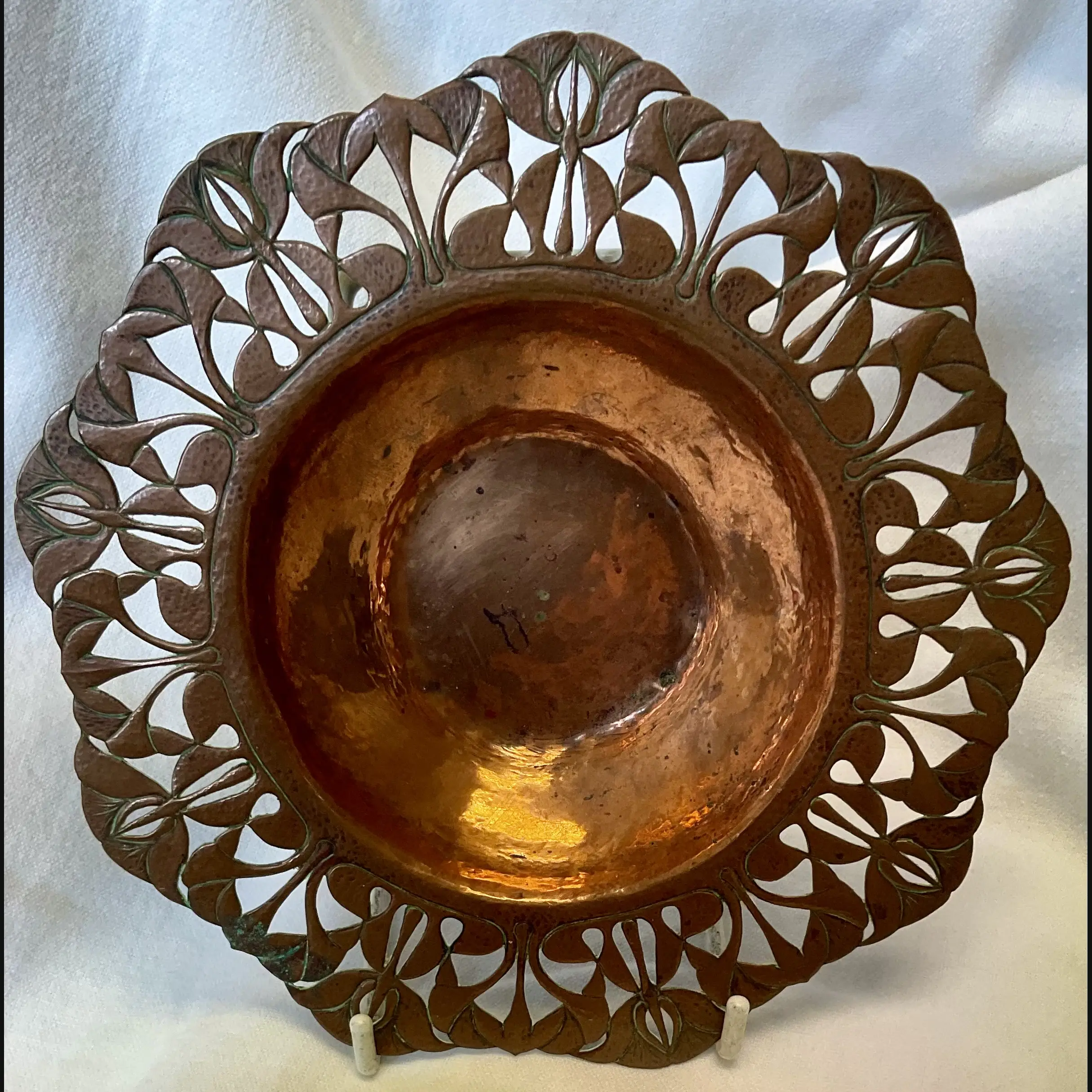 arts and crafts complex pierced and hammered copper card tray c1900