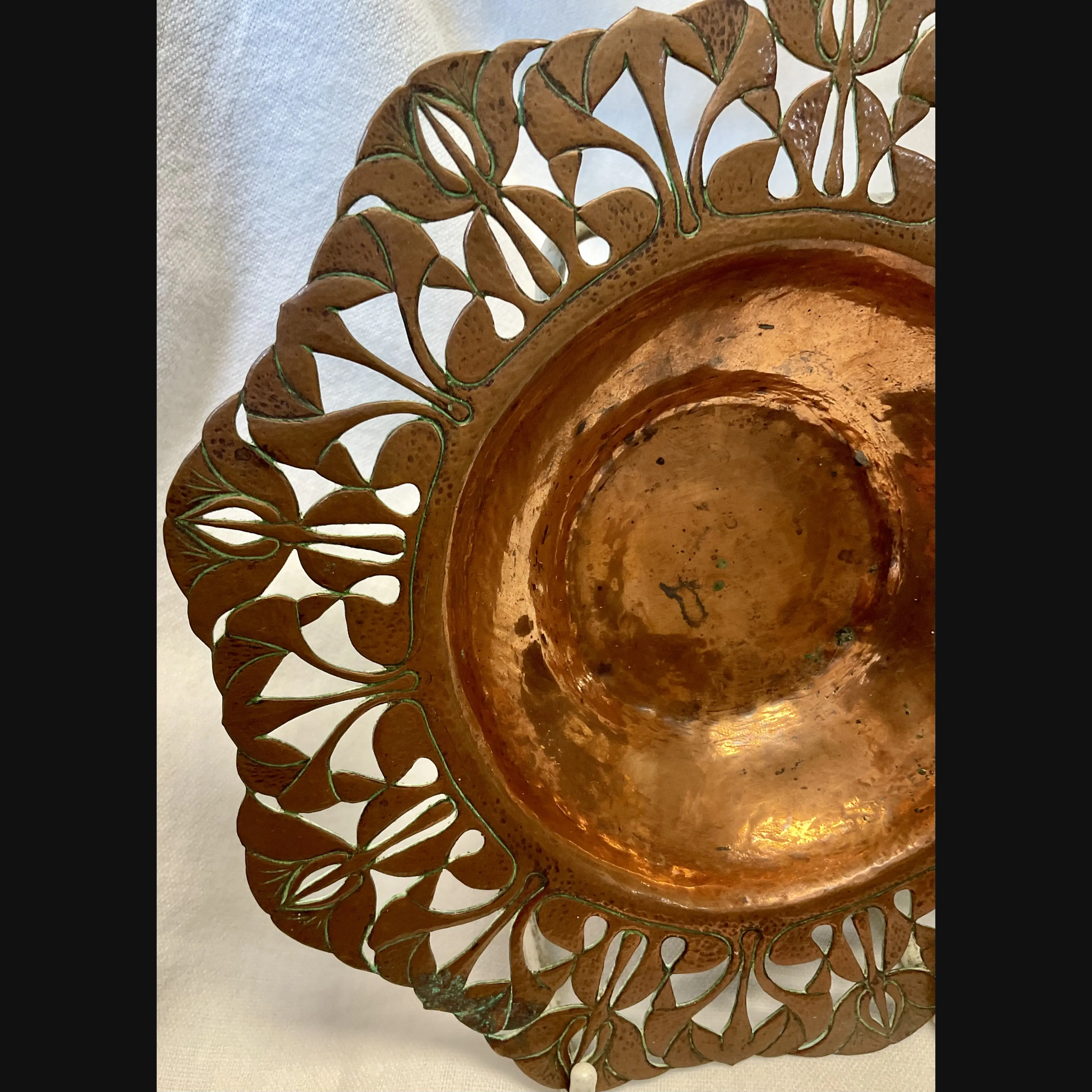 arts and crafts complex pierced and hammered copper card tray c1900
