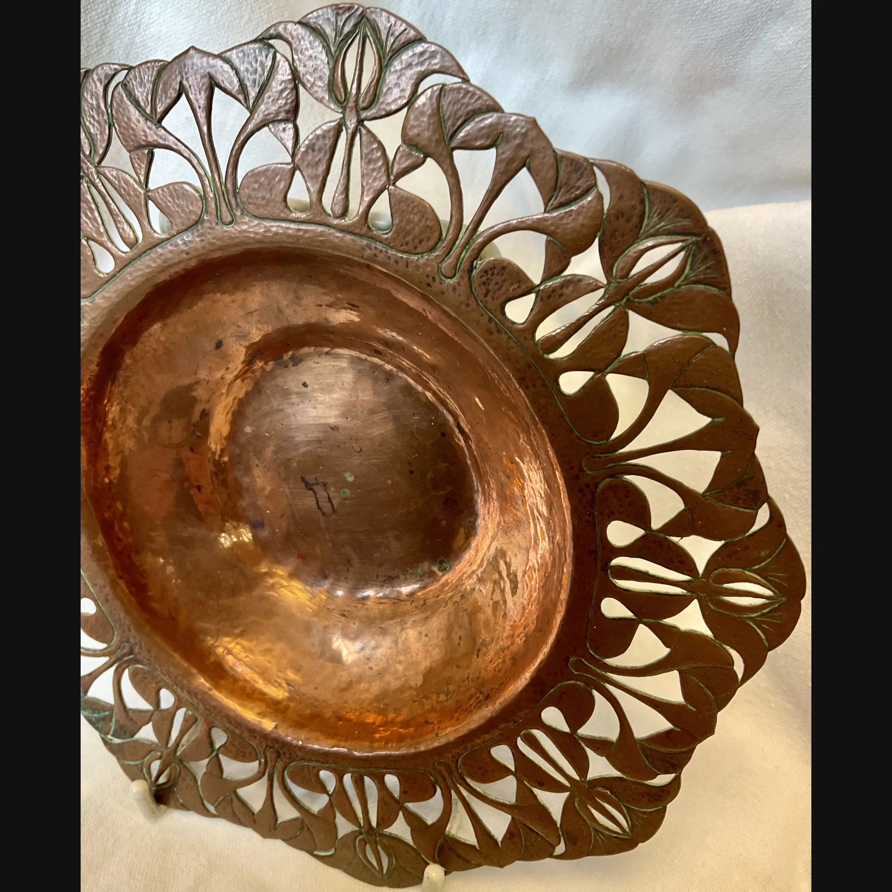 arts and crafts complex pierced and hammered copper card tray c1900