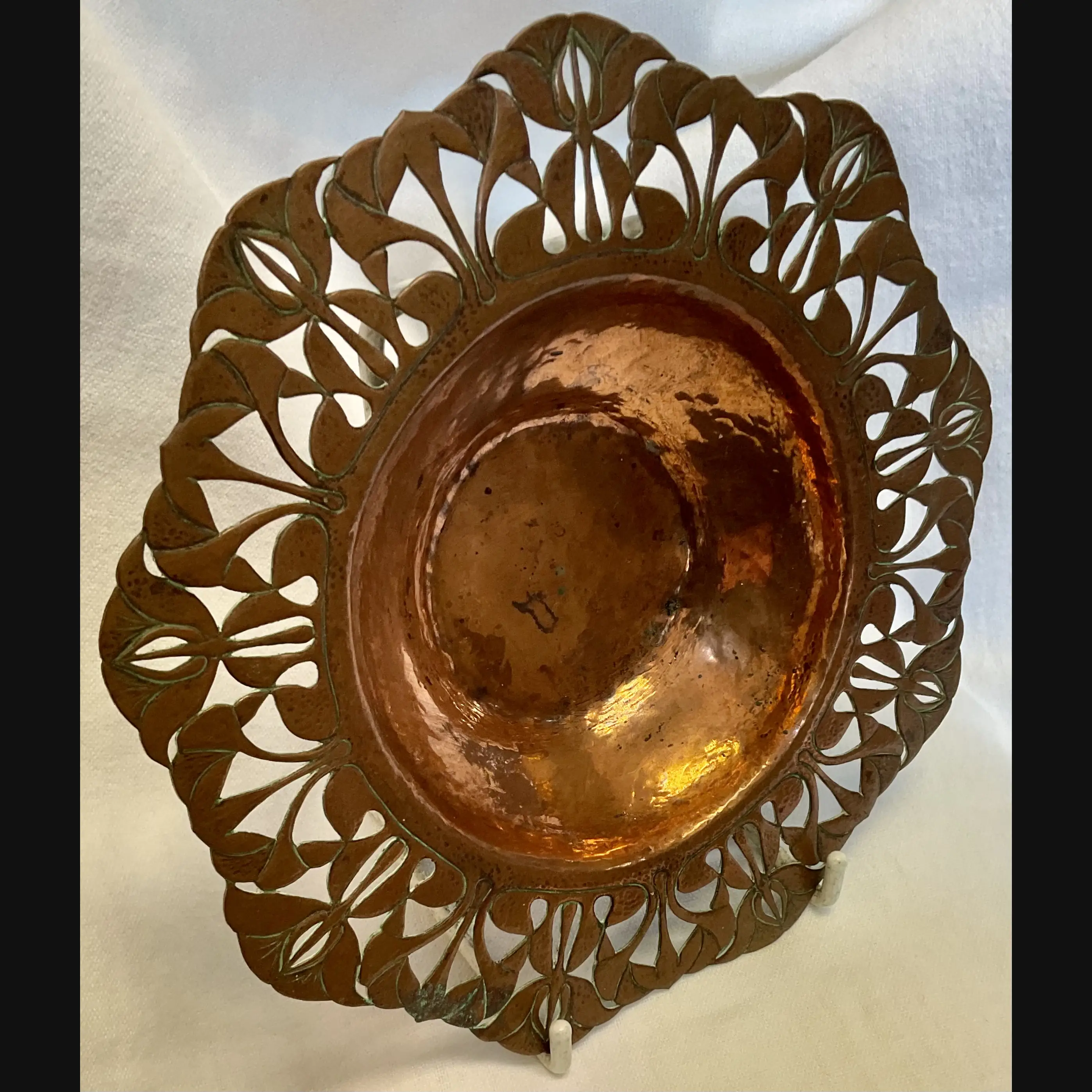arts and crafts complex pierced and hammered copper card tray c1900