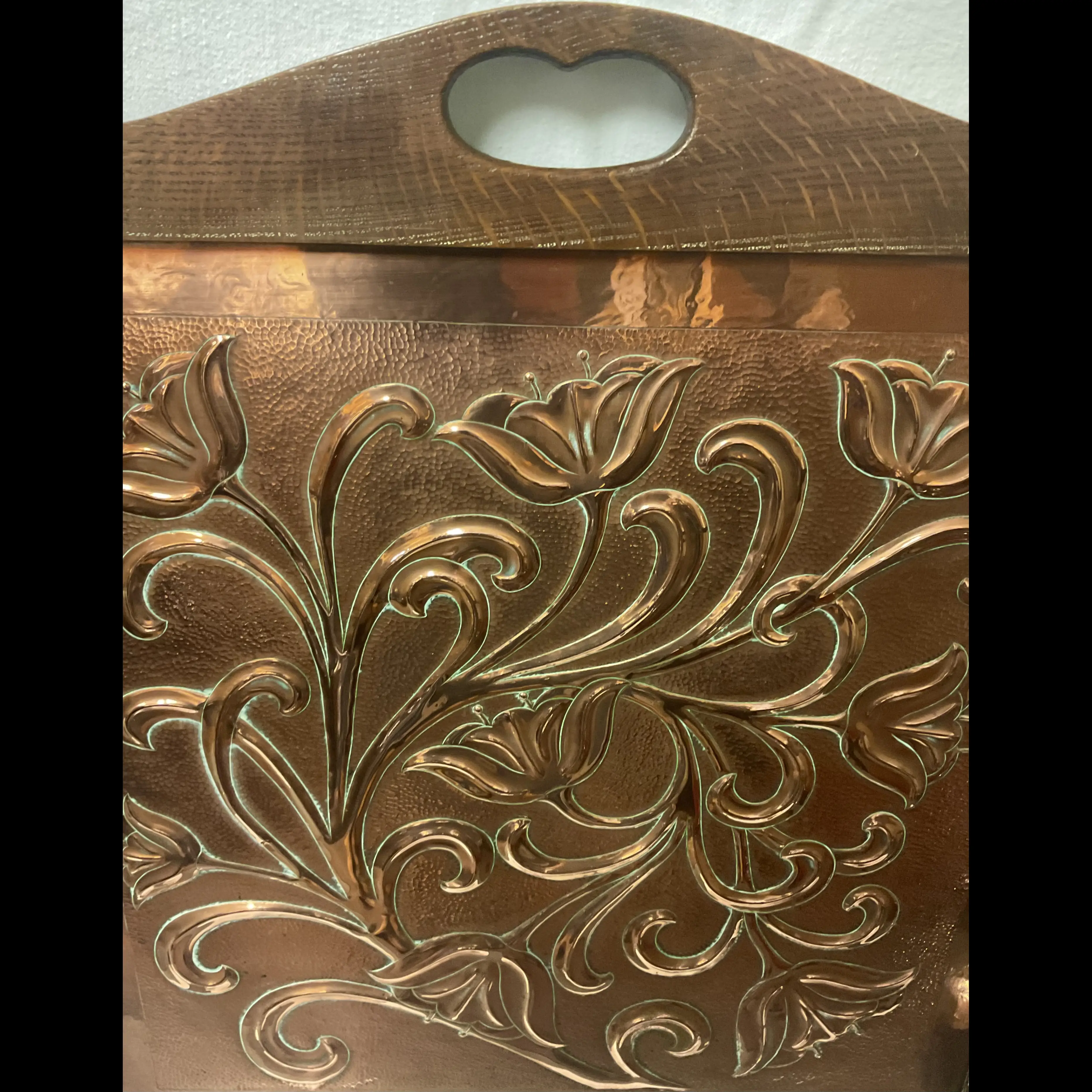 keswick school of industrial art copper and oak arts and crafts fire screen with poppies by ron wise