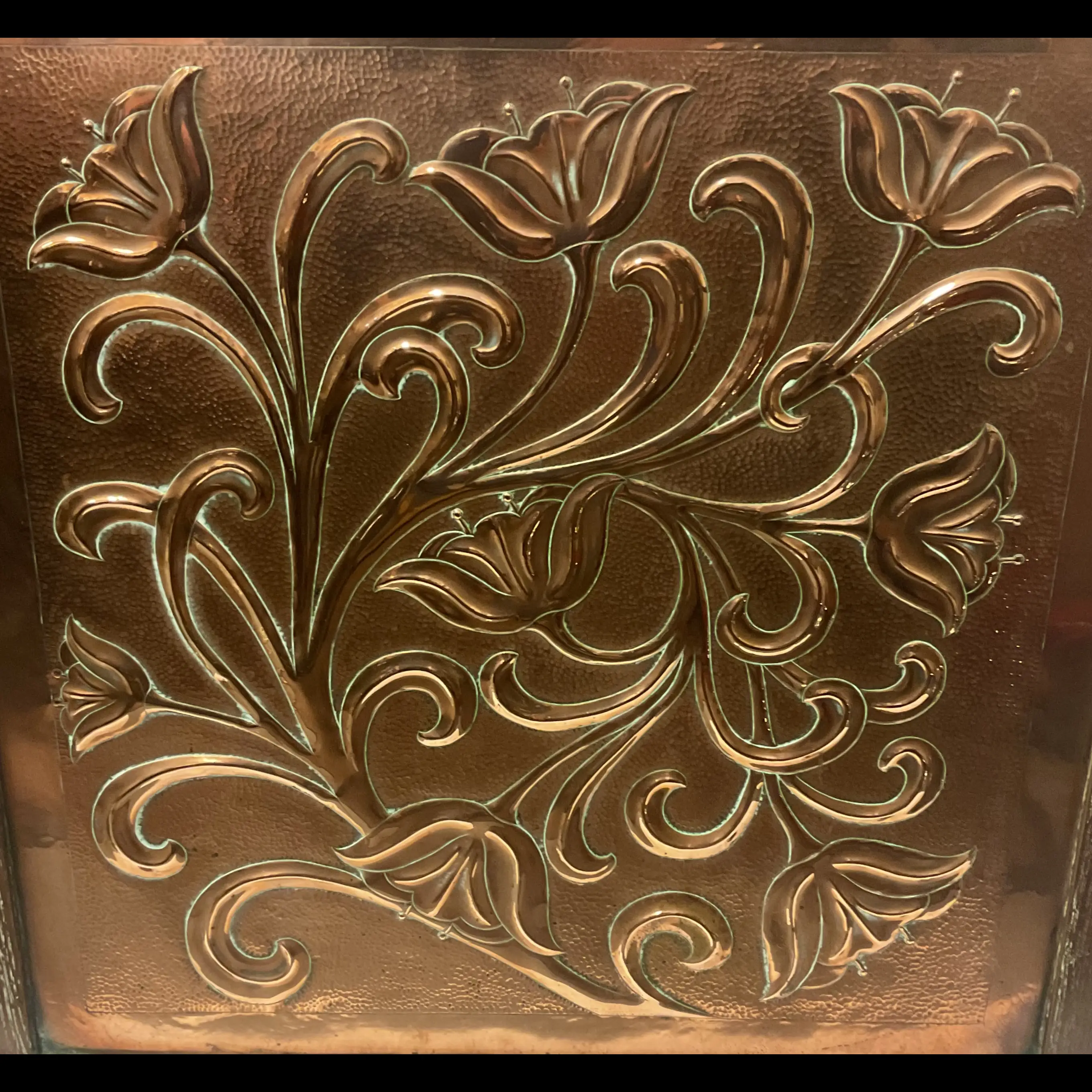 keswick school of industrial art copper and oak arts and crafts fire screen with poppies by ron wise