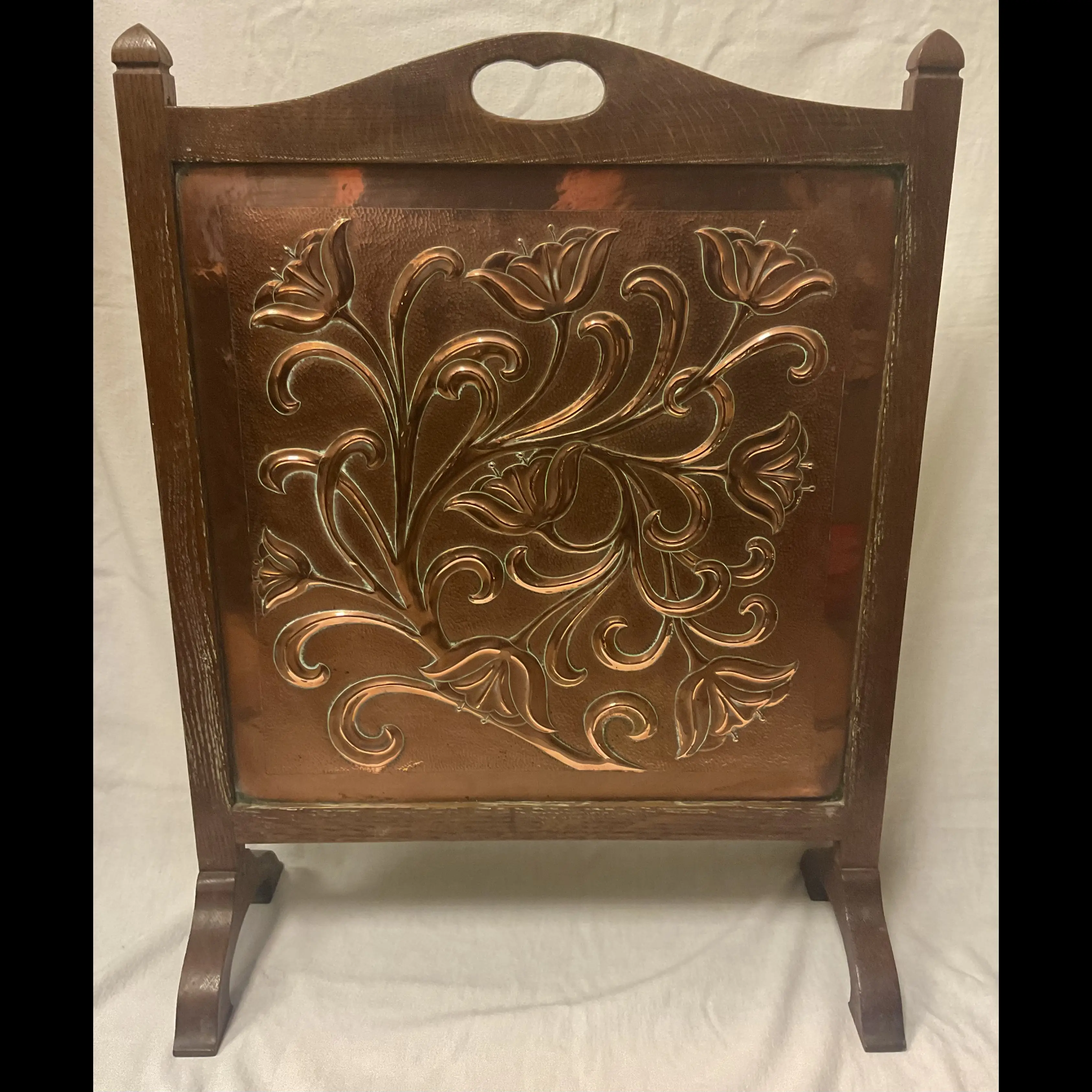 keswick school of industrial art copper and oak arts and crafts fire screen with poppies by ron wise