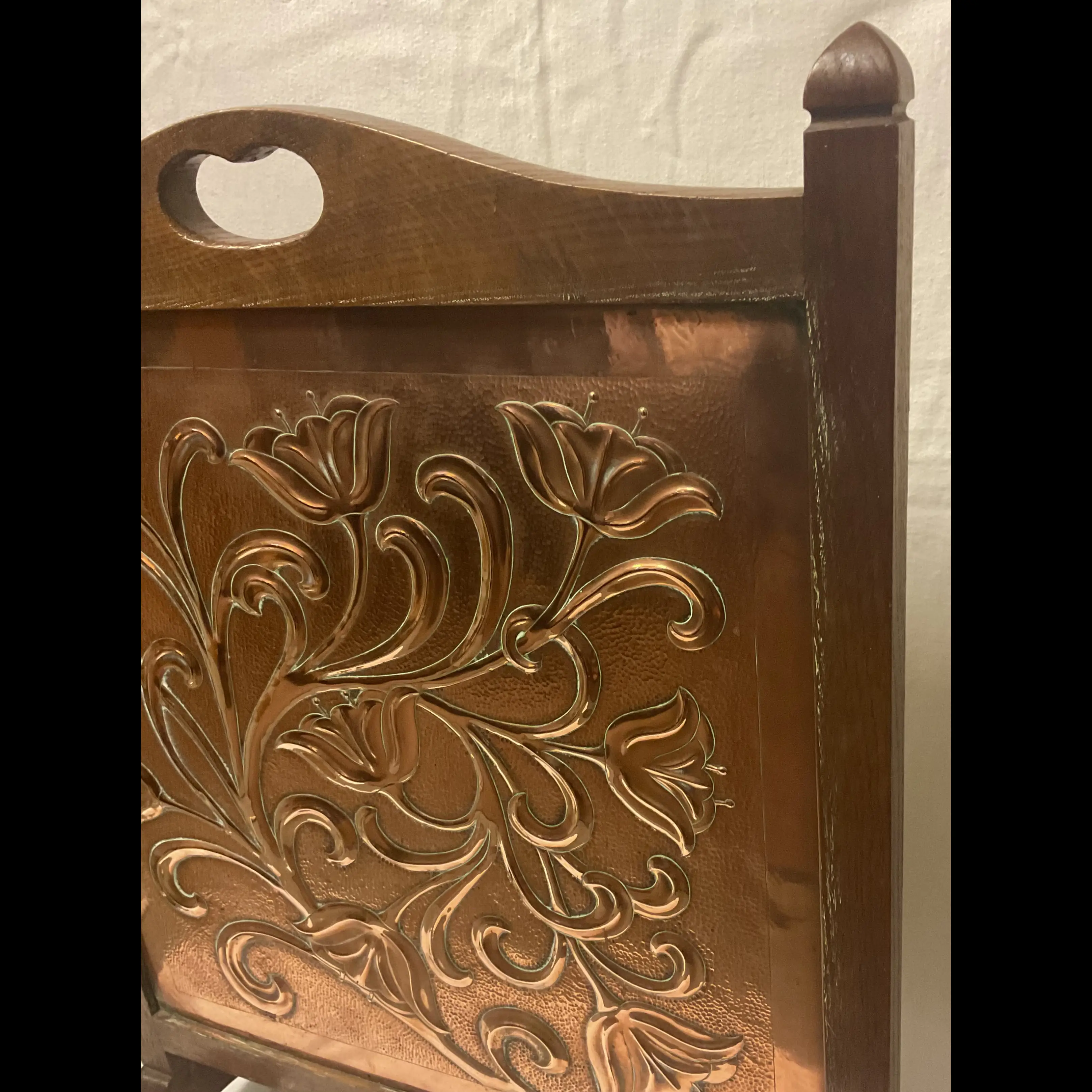 keswick school of industrial art copper and oak arts and crafts fire screen with poppies by ron wise