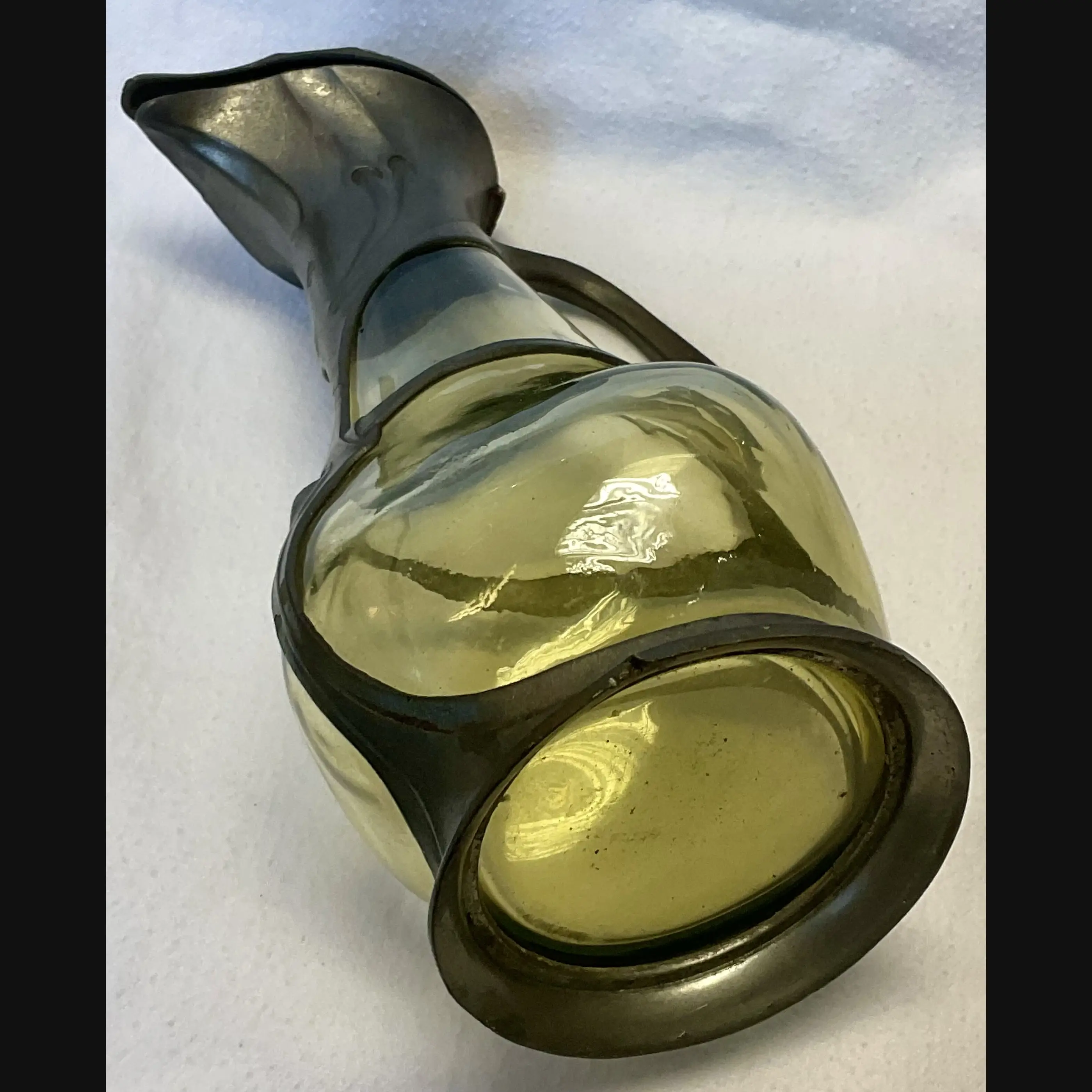 art nouveau jugendstil secessionist pewter and olive green glass liqueur jug